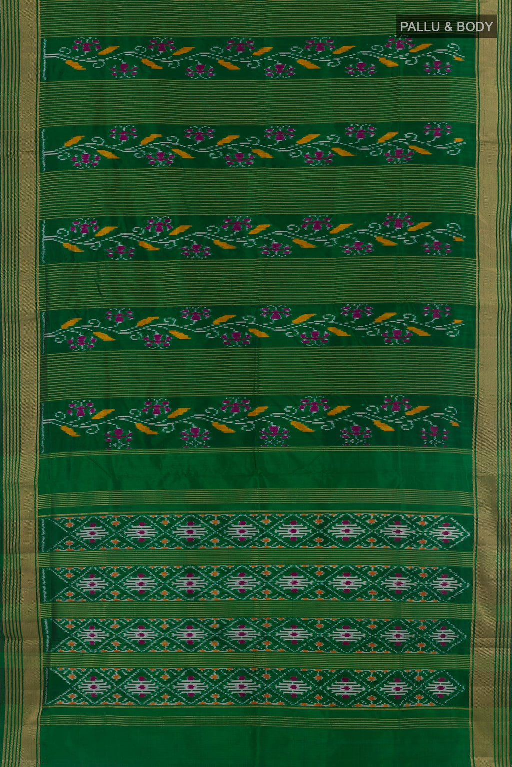 Flat view of Green Pochampally Silk Saree with Ikat design on the body and Zari Border. 