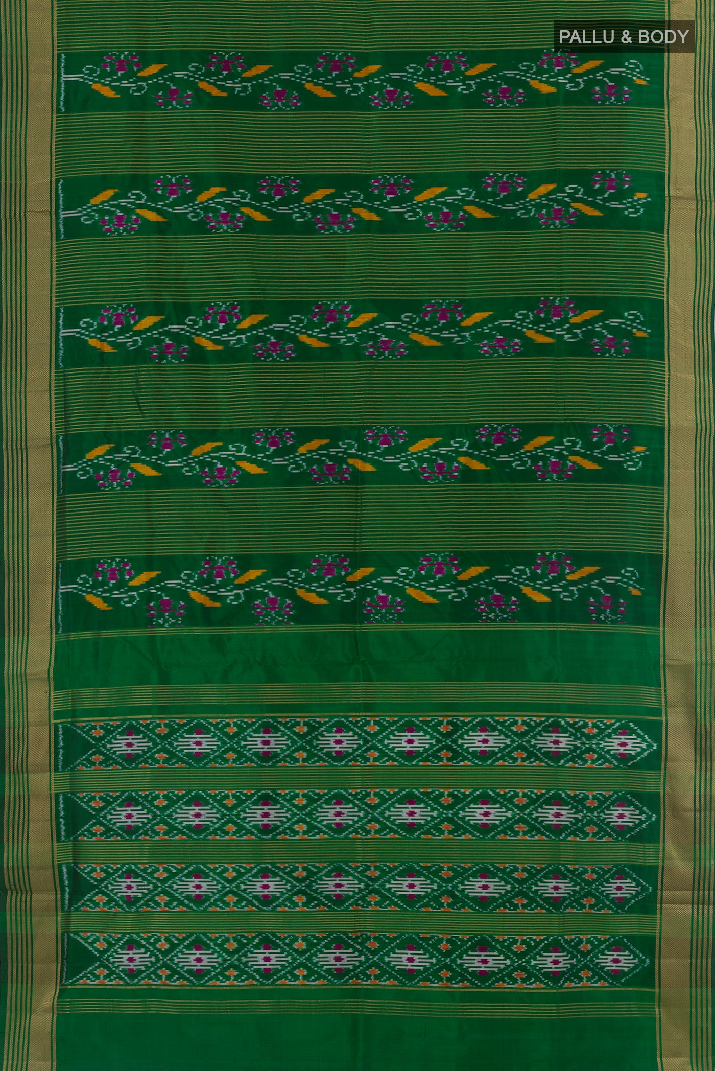 Flat view of Green Pochampally Silk Saree with Ikat design on the body and Zari Border. 