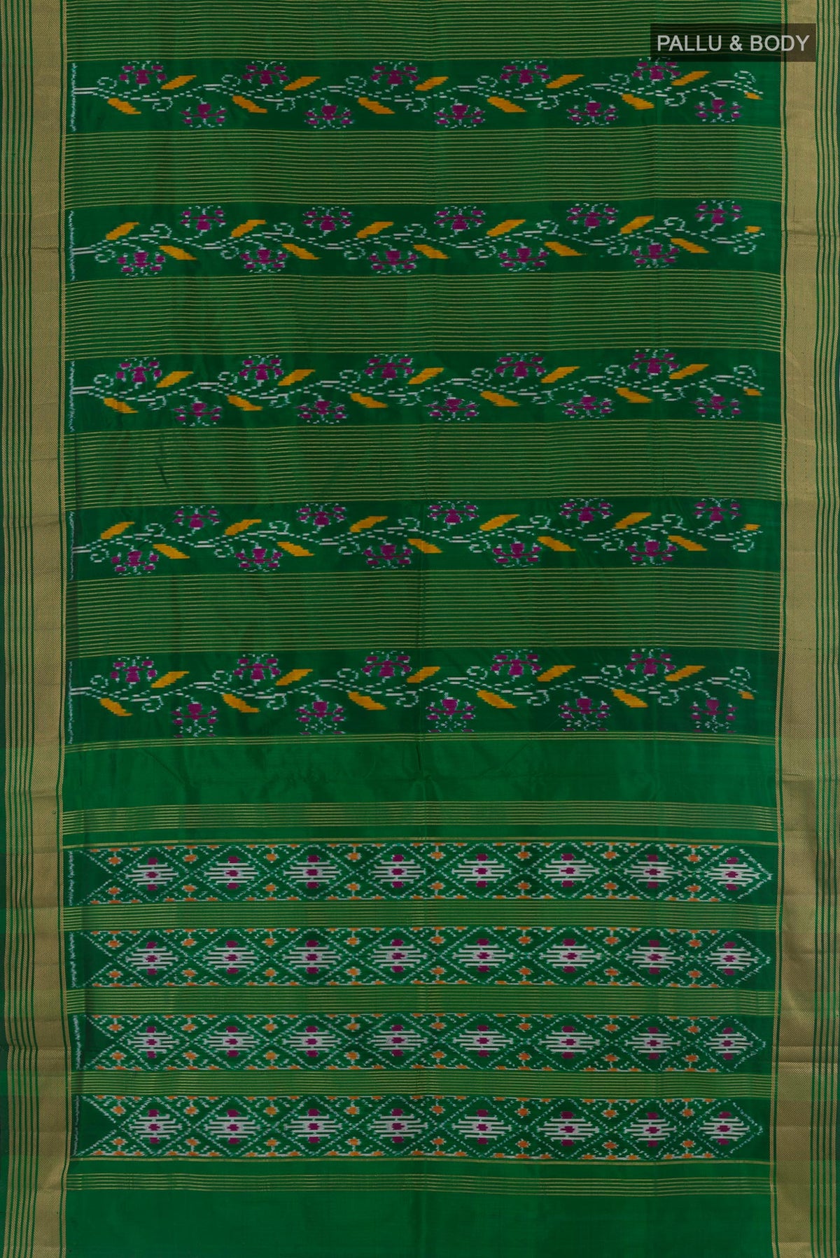 Flat view of Green Pochampally Silk Saree with Ikat design on the body and Zari Border. 