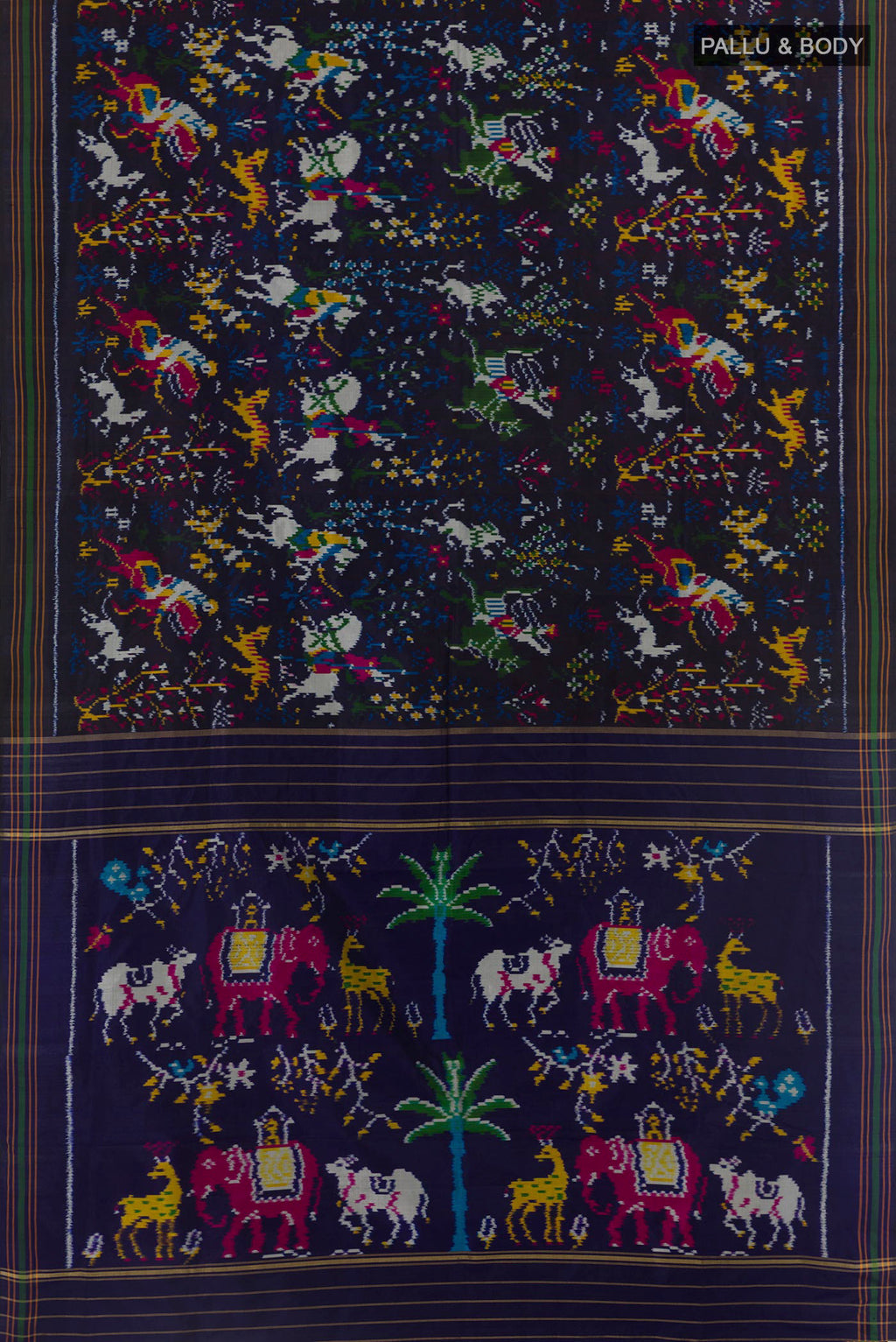 Flat view of Navy Blue Pochampally Silk Saree with Pure Ikat on the body and Plain Border. 