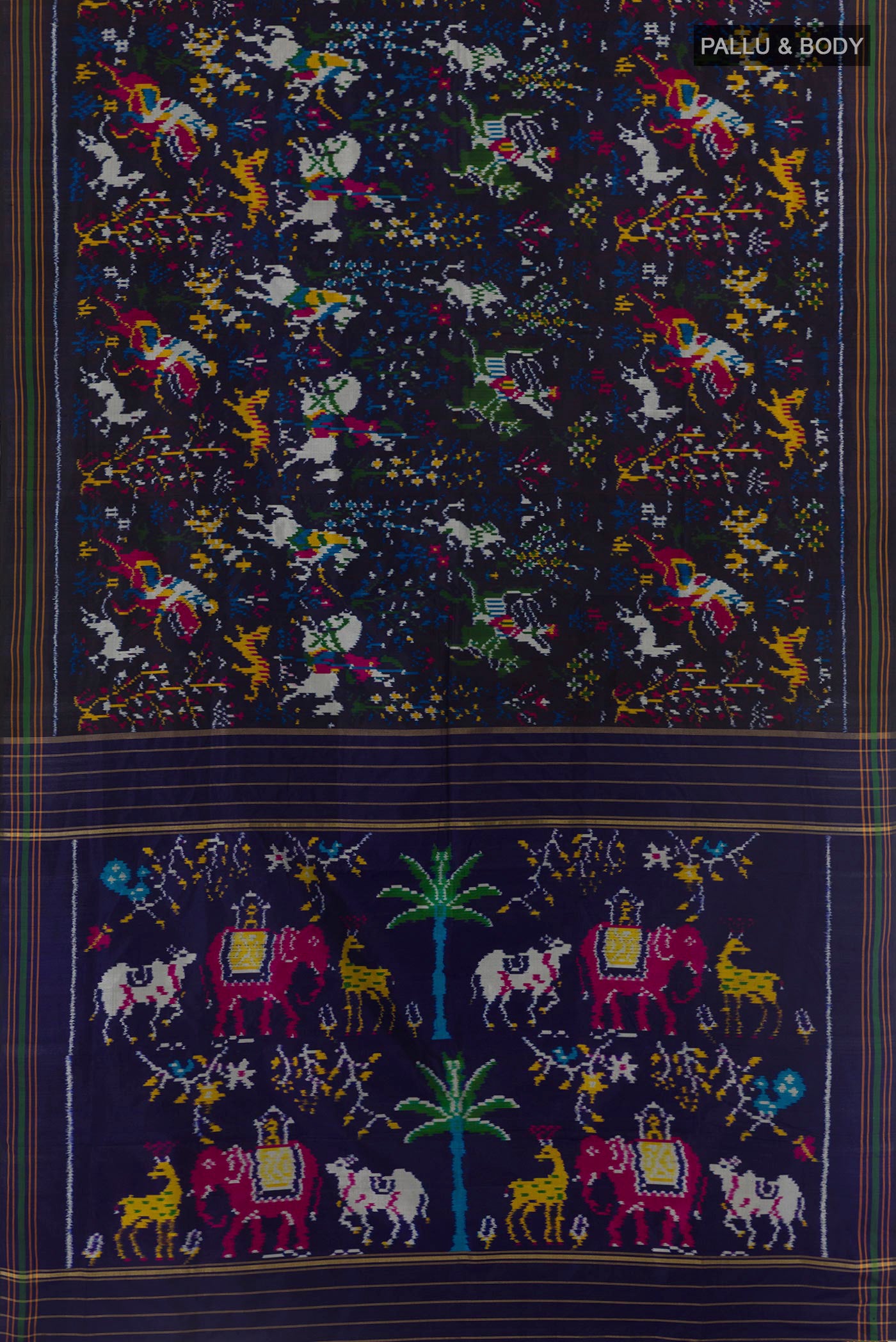 Flat view of Navy Blue Pochampally Silk Saree with Pure Ikat on the body and Plain Border. 