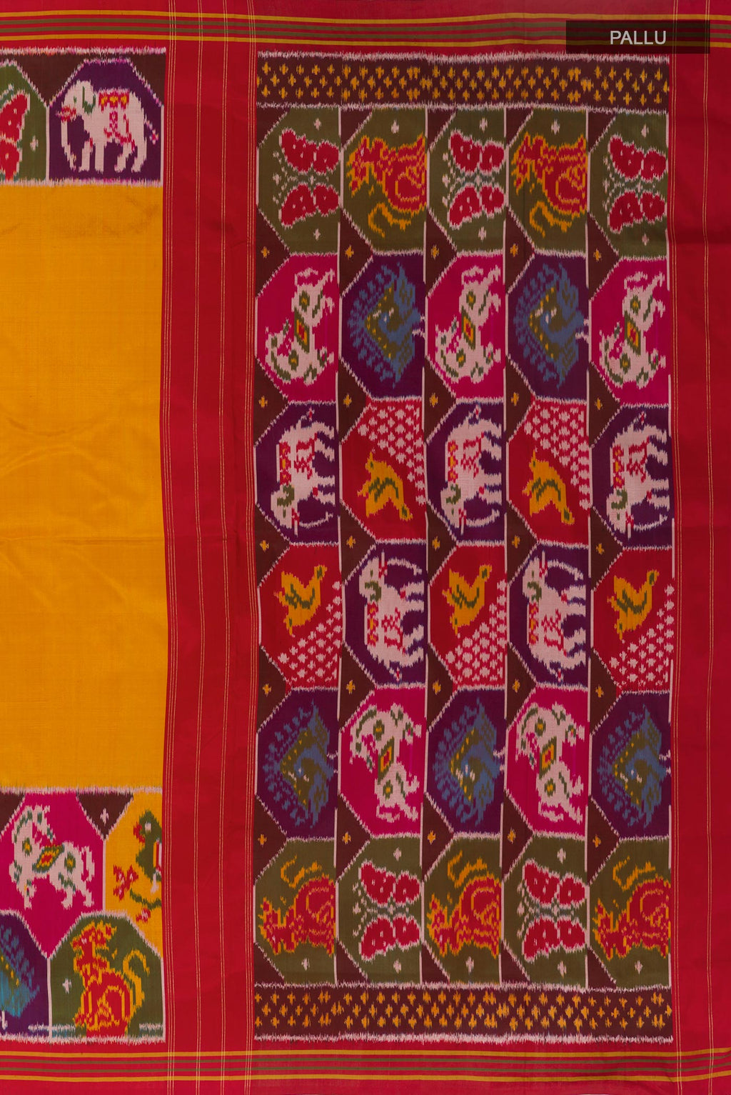 Close up image of the pallu of Mustard Pochampally Silk Saree with Plain Body and Zari Border. 