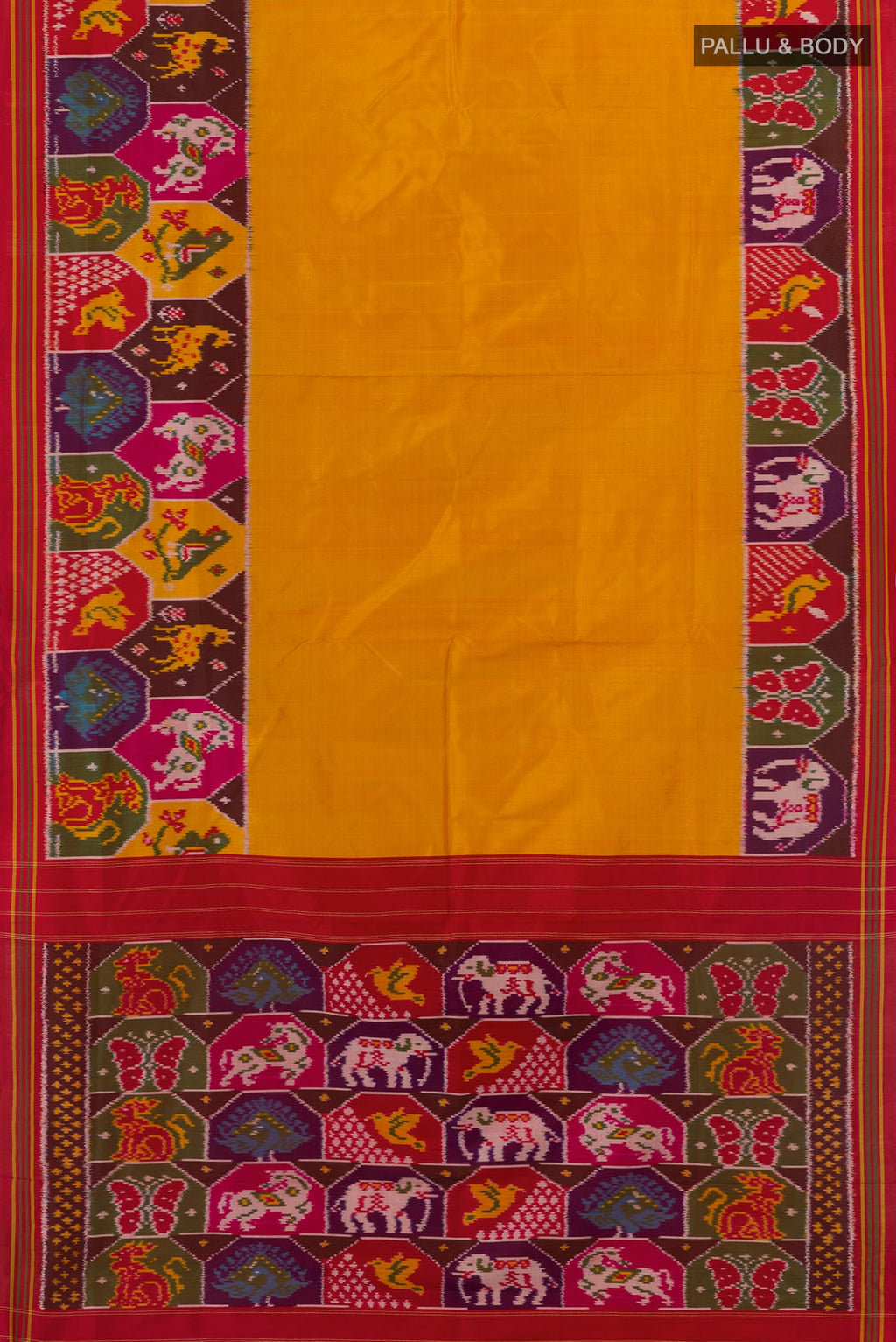 Flat view of Mustard Pochampally Silk Saree with Plain Body and Zari Border. 