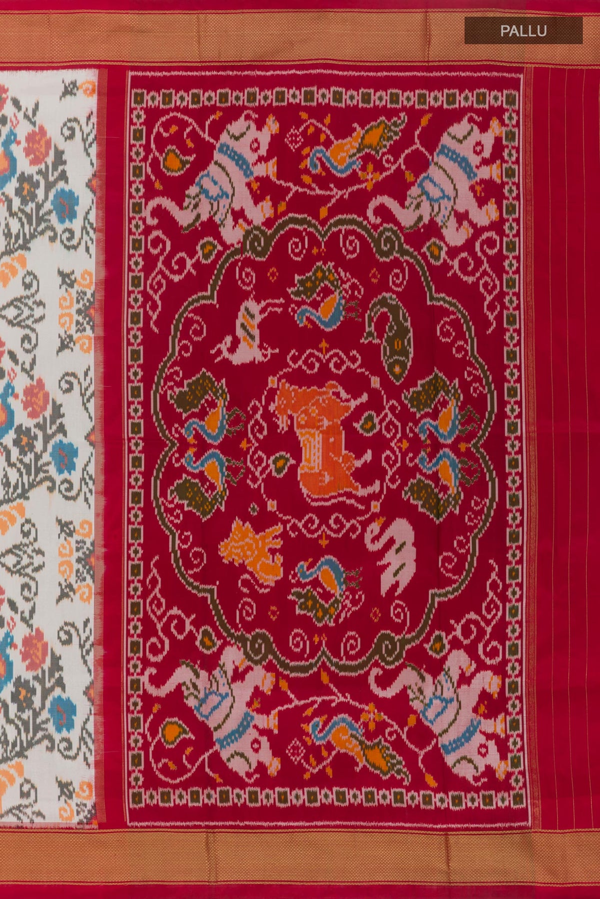 Close up image of the pallu of Off White Pochampally Silk Saree with Pure Ikat on the body and Zari Border. 
