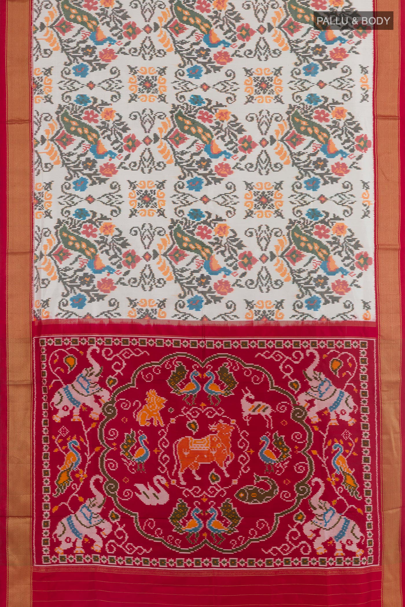 Flat view of Off White Pochampally Silk Saree with Pure Ikat on the body and Zari Border. 