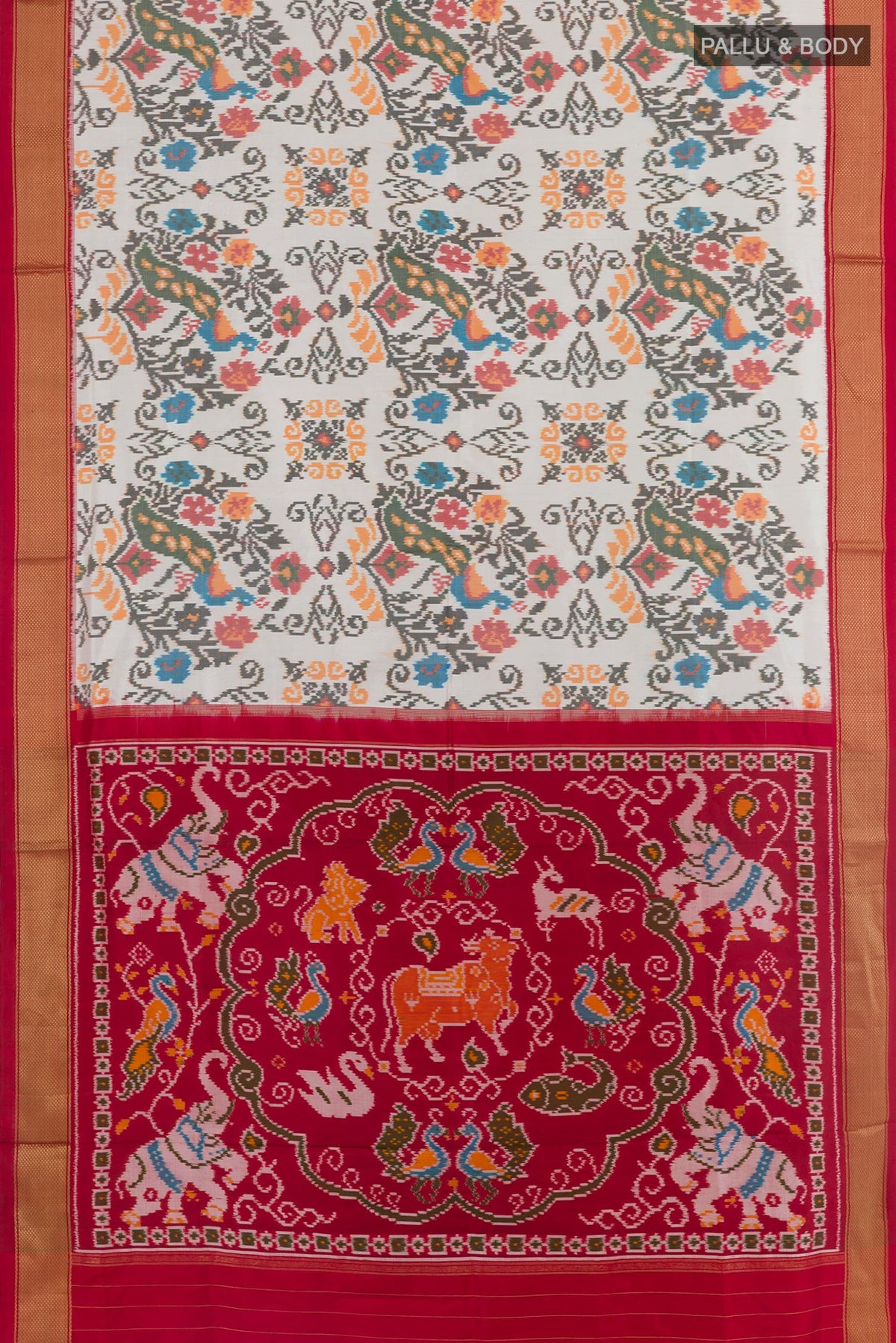 Flat view of Off White Pochampally Silk Saree with Pure Ikat on the body and Zari Border. 