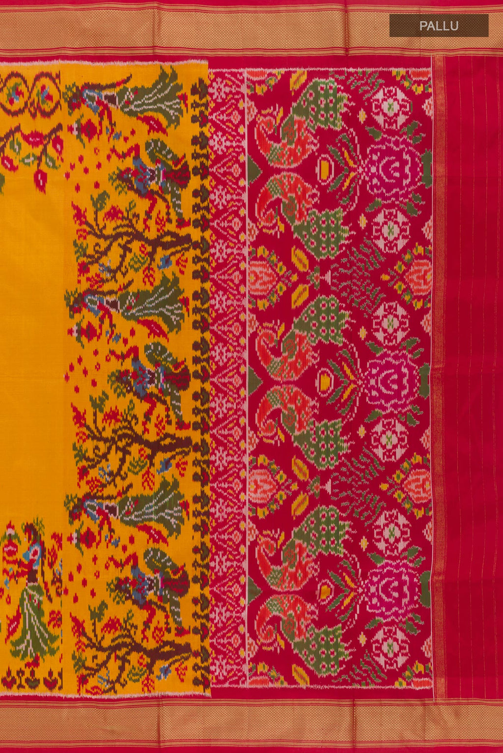 Close up image of the pallu of Mustard Pochampally Silk Saree with Plain Body and Ikat Border. 