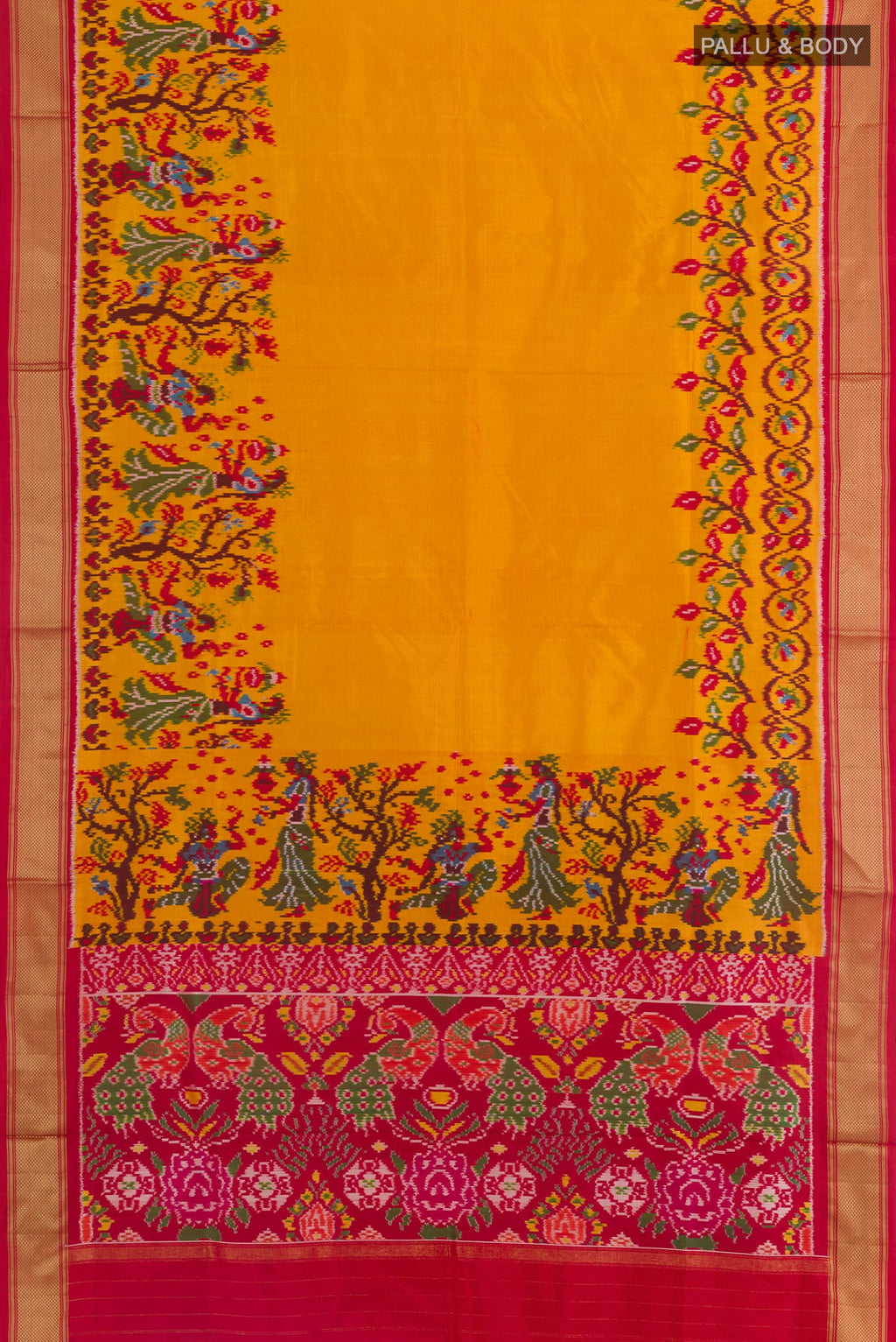 Flat view of Mustard Pochampally Silk Saree with Plain Body and Ikat Border. 