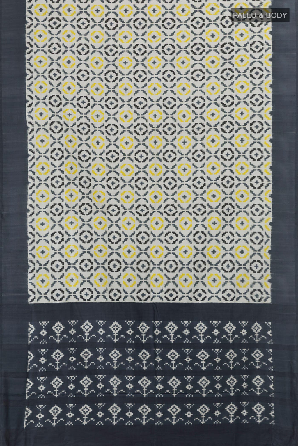 Flat view of White Pochampally Silk Saree with Pure Ikat on the body and Plain Border. 