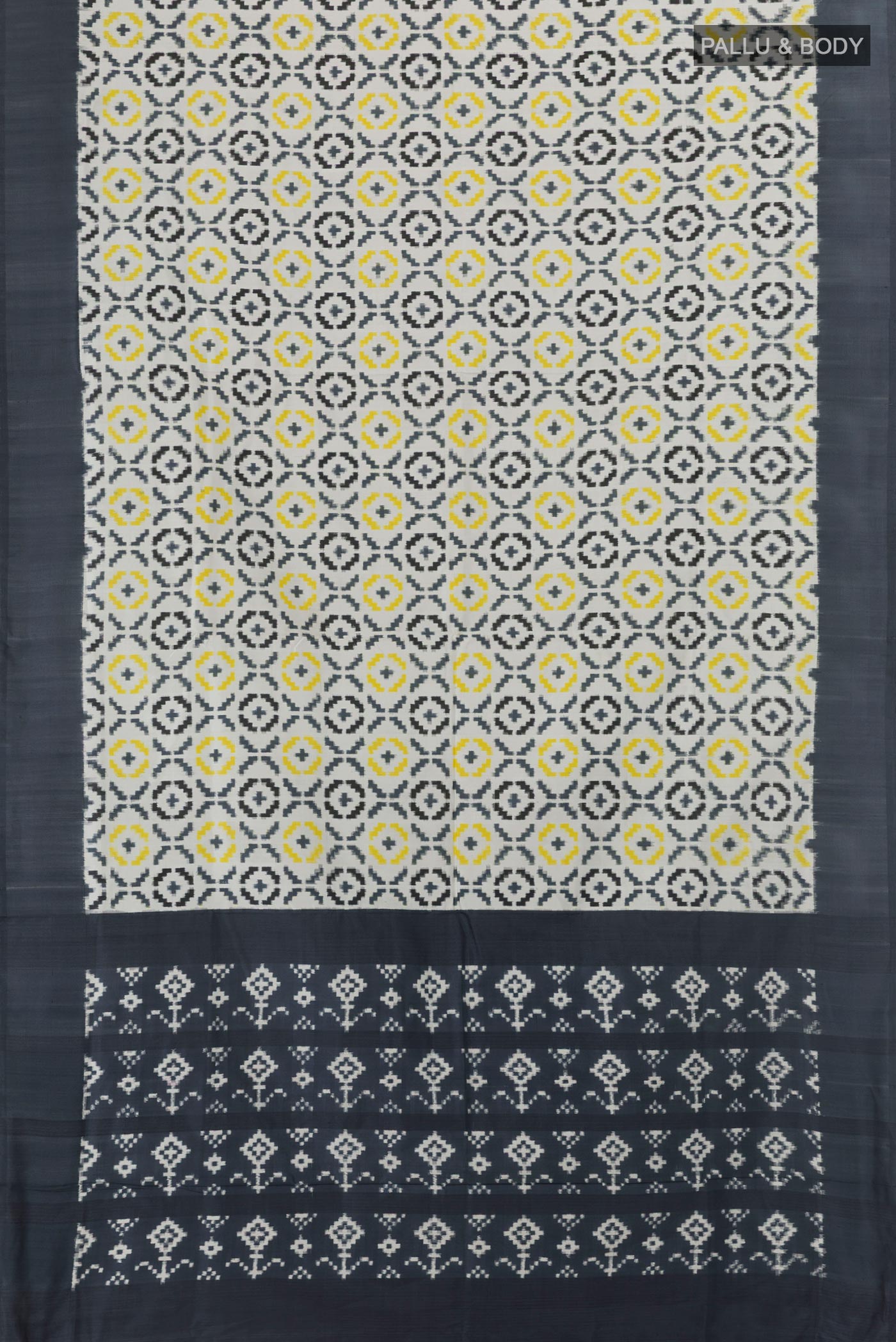 Flat view of White Pochampally Silk Saree with Pure Ikat on the body and Plain Border. 