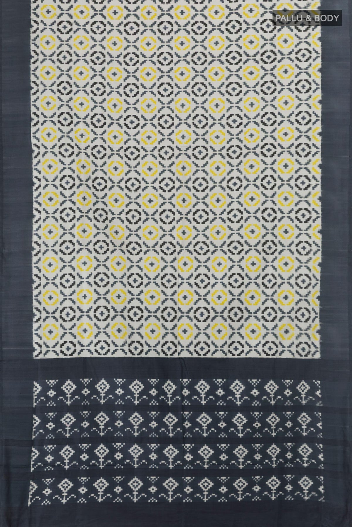 Flat view of White Pochampally Silk Saree with Pure Ikat on the body and Plain Border. 