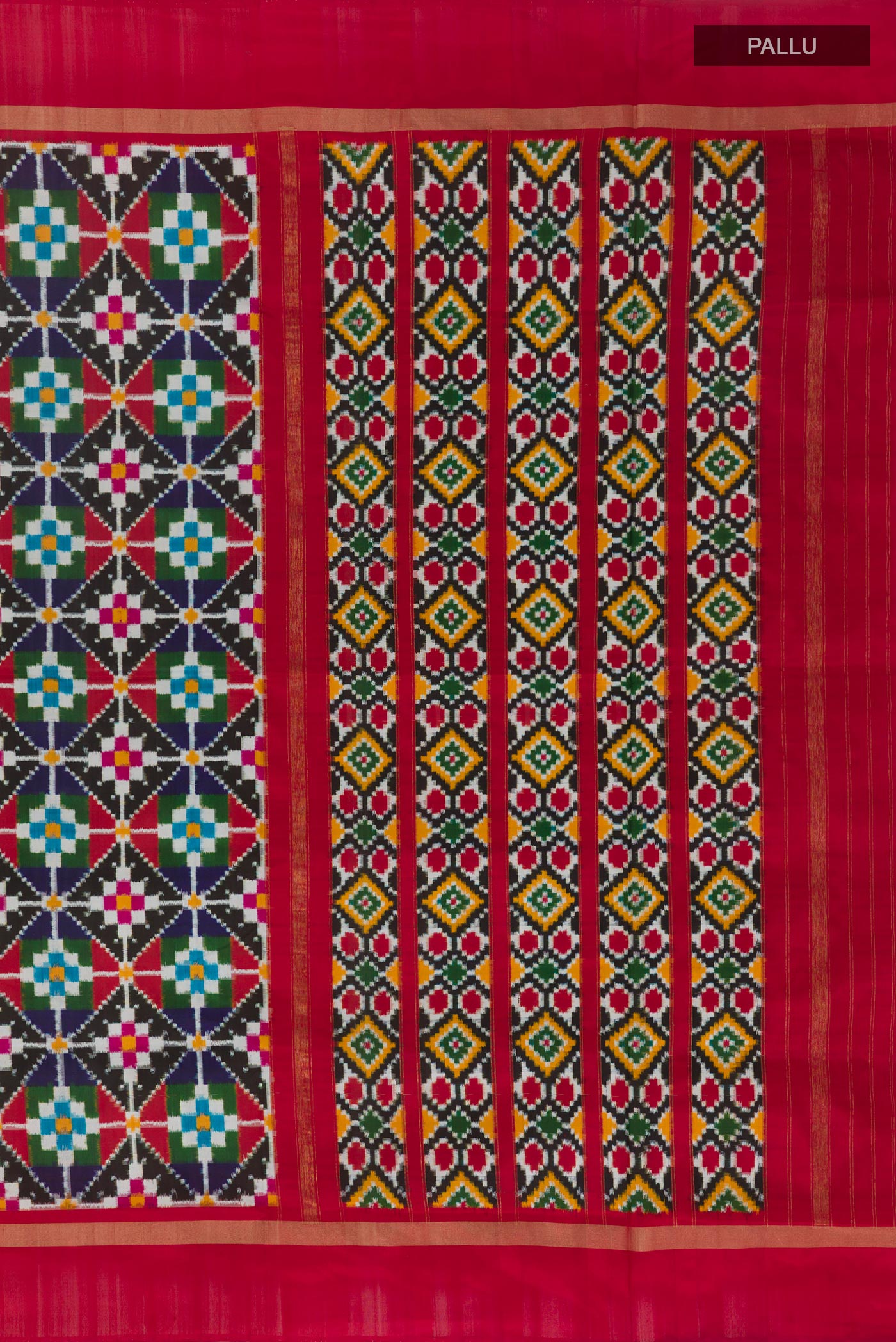 Close up image of the pallu of Multi Color Pochampally Silk Saree with Pure Ikat on the body and Zari Border. 
