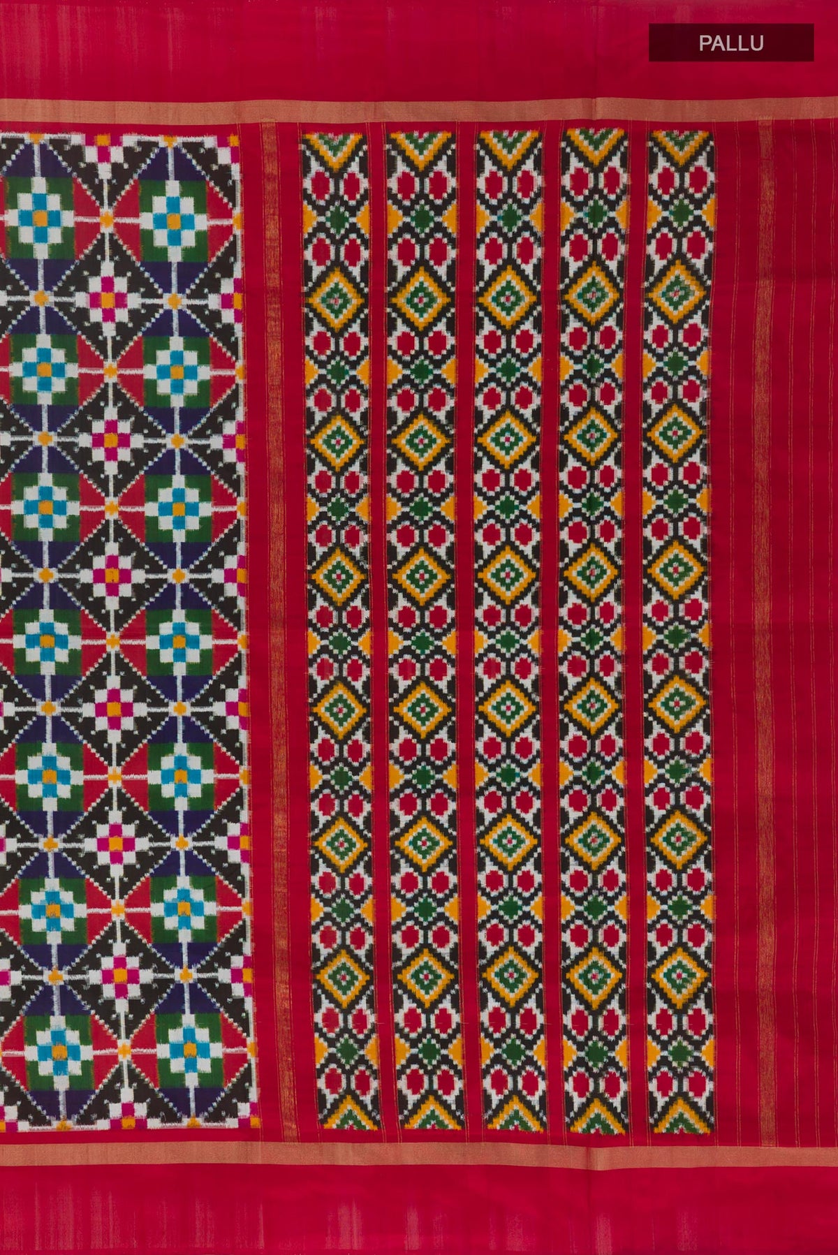 Close up image of the pallu of Multi Color Pochampally Silk Saree with Pure Ikat on the body and Zari Border. 