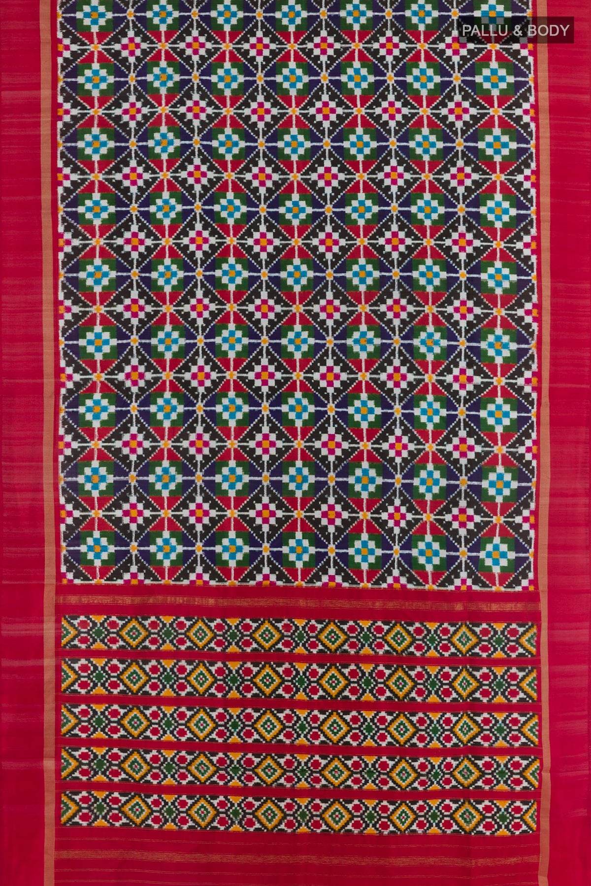 Flat view of Multi Color Pochampally Silk Saree with Pure Ikat on the body and Zari Border. 