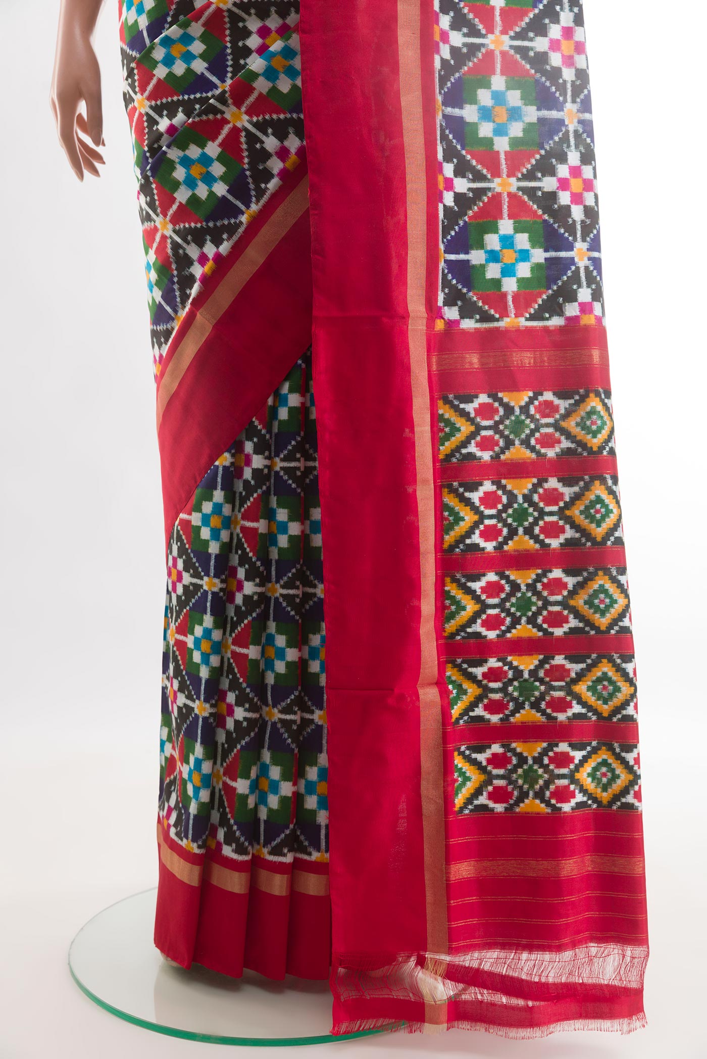 Pleats and pallu of Multi Color Pochampally Silk Saree with Pure Ikat on the body and Zari Border. 