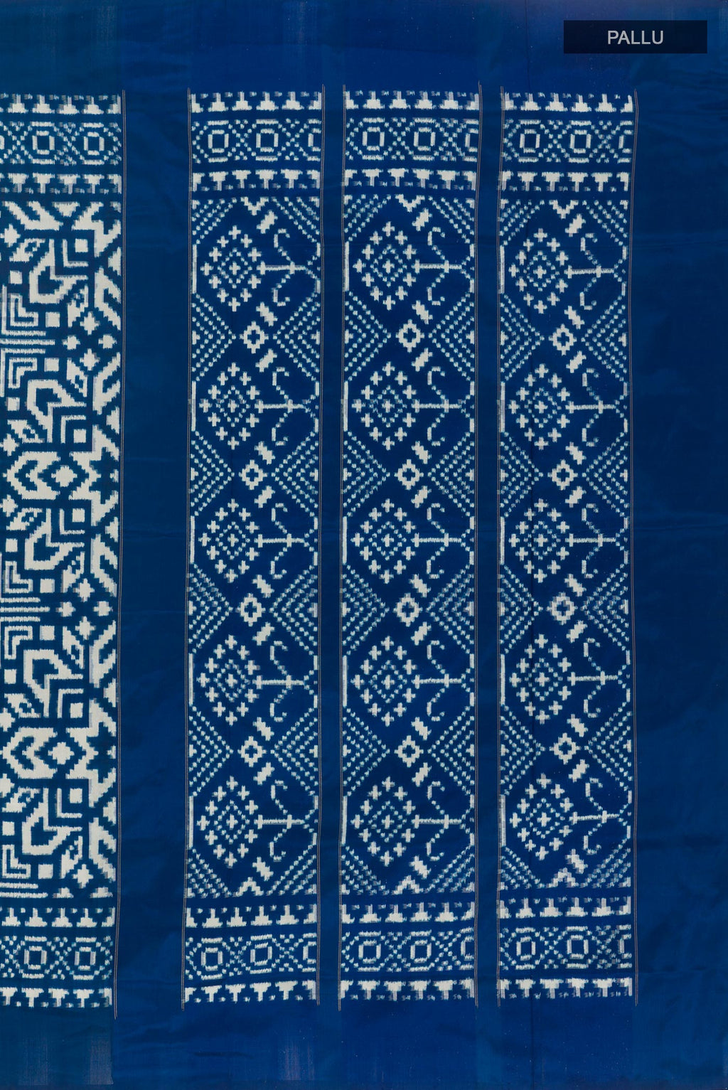 Close up image of the pallu of Blue Pochampally Silk Saree with Pure Ikat on the body and Ikat Border. 