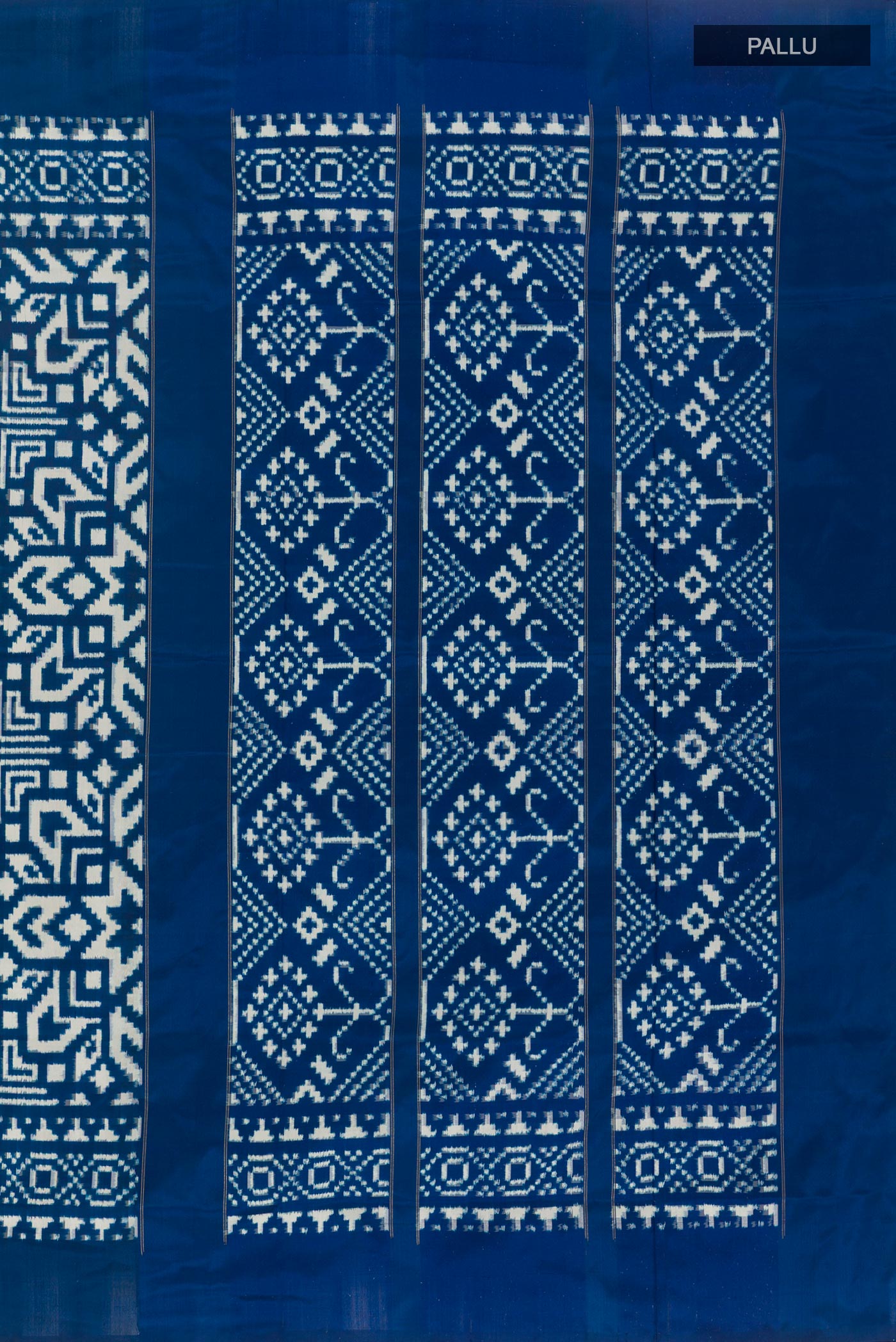 Close up image of the pallu of Blue Pochampally Silk Saree with Pure Ikat on the body and Ikat Border. 