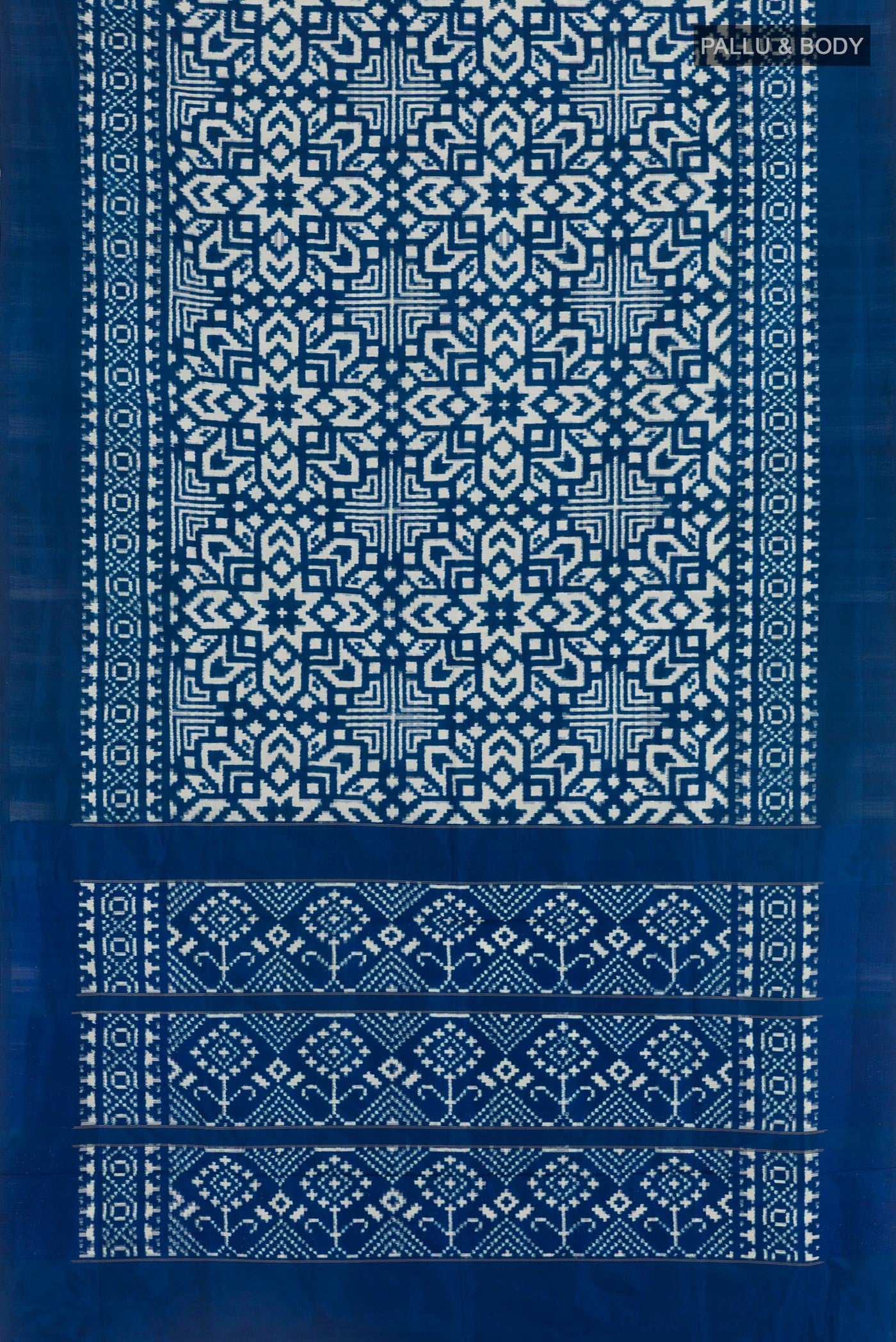 Flat view of Blue Pochampally Silk Saree with Pure Ikat on the body and Ikat Border. 