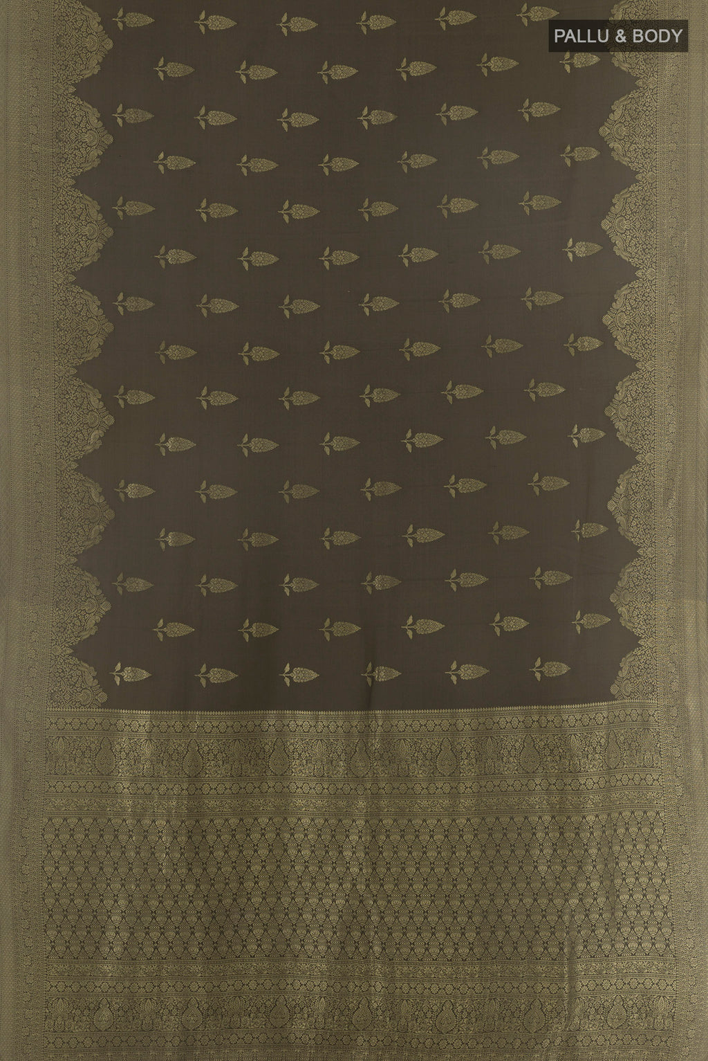 Flat view of Mehandi Green Mysore Crepe Saree with Zari Butta on the body and Zari Border. 