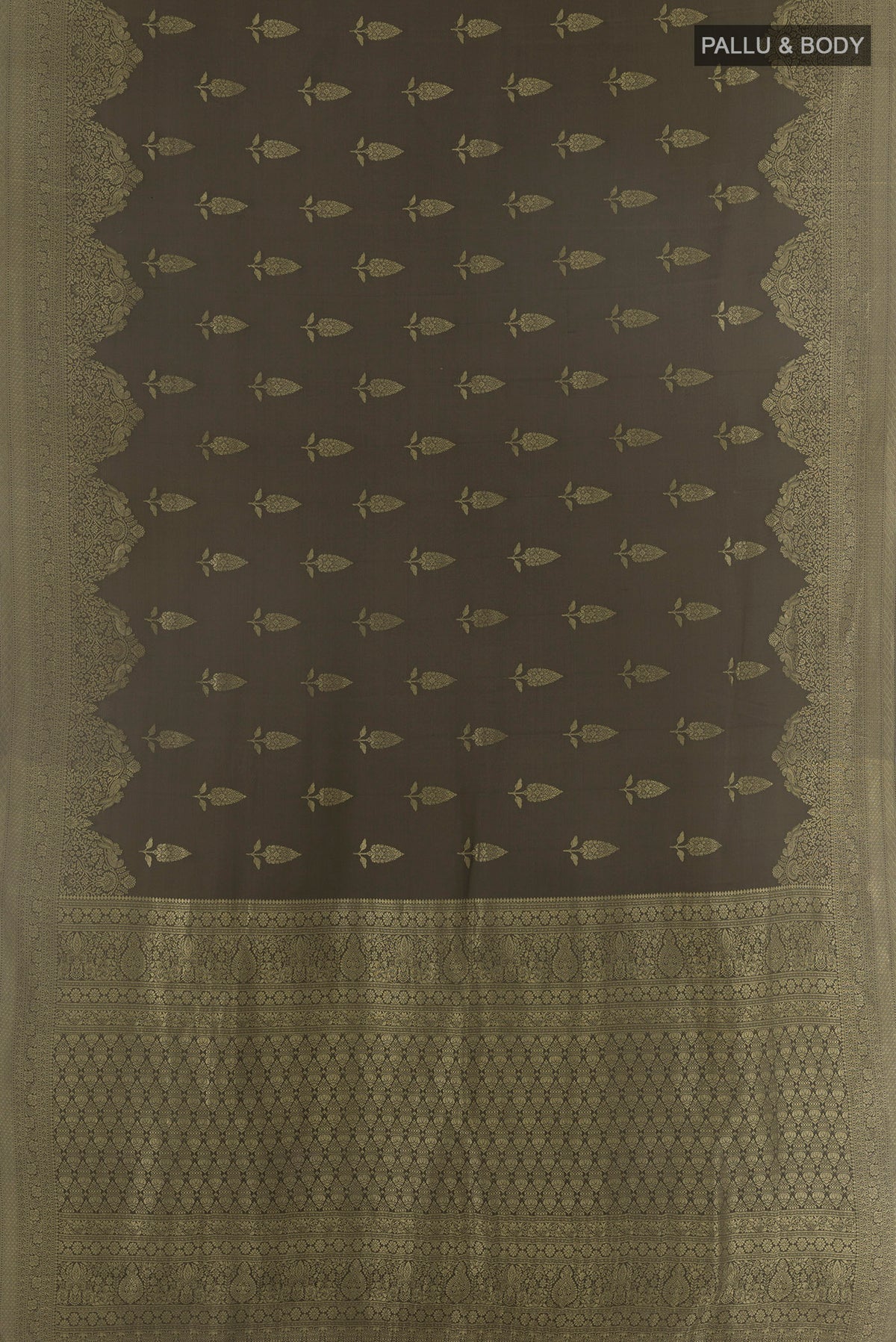 Flat view of Mehandi Green Mysore Crepe Saree with Zari Butta on the body and Zari Border. 