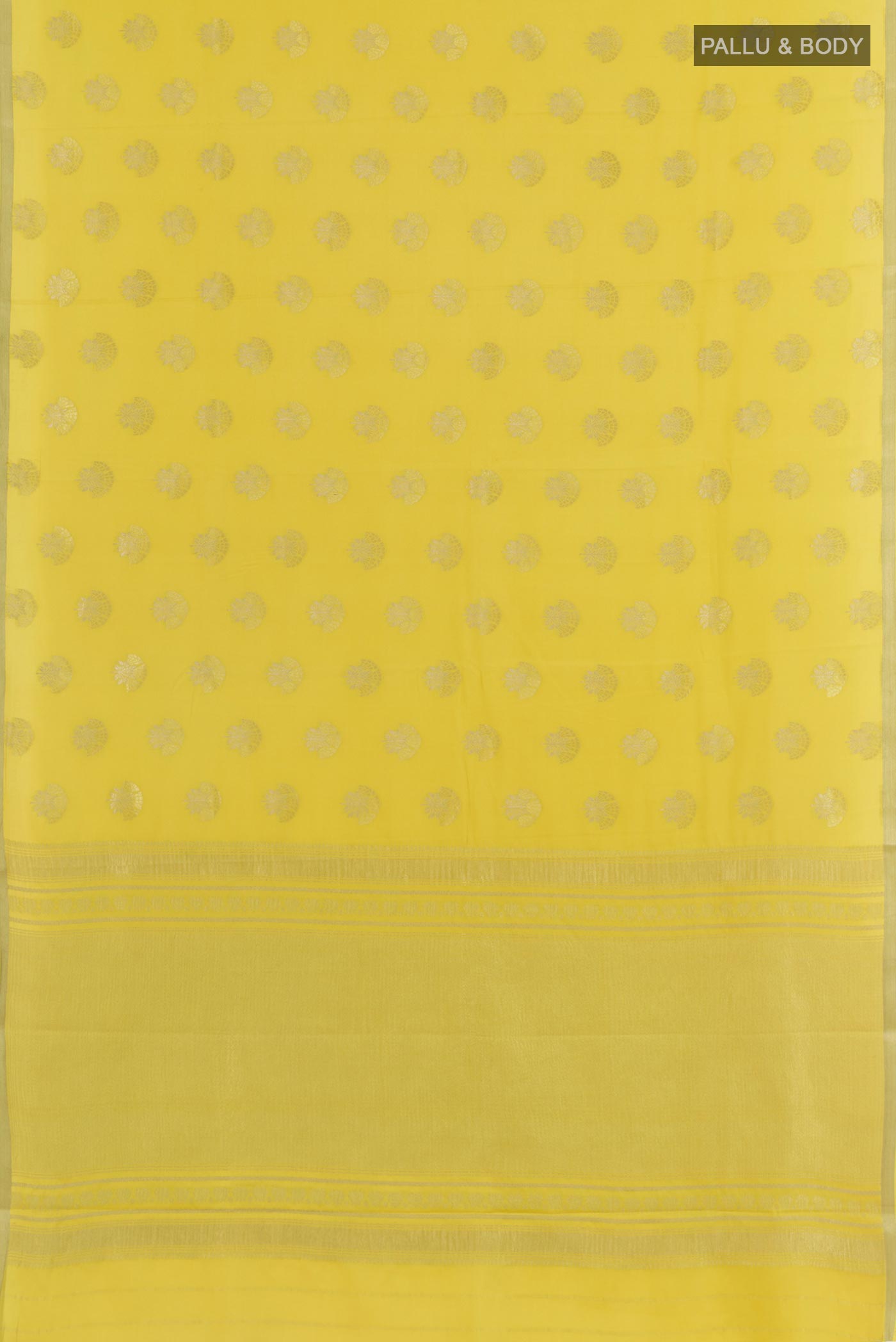 Flat view of Yellow Mysore Crepe Saree with Zari Butta on the body and Zari Border. 