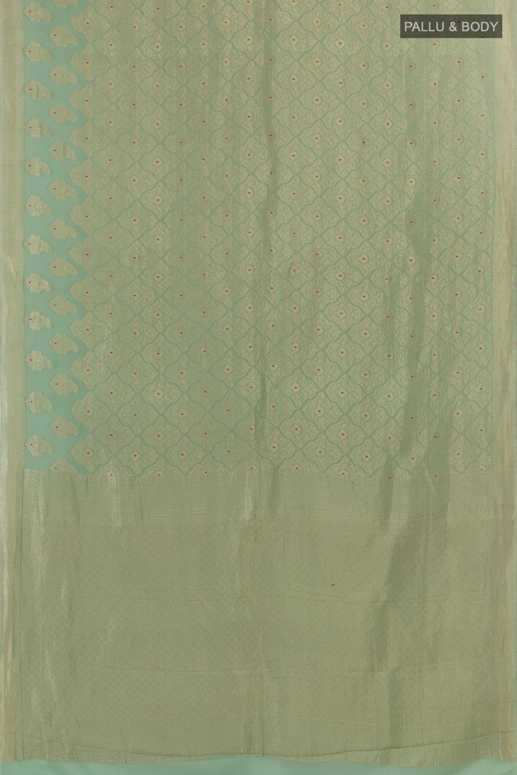 Flat view of Green Mysore Crepe Saree with Zari Brocade on the body and Zari Border. 