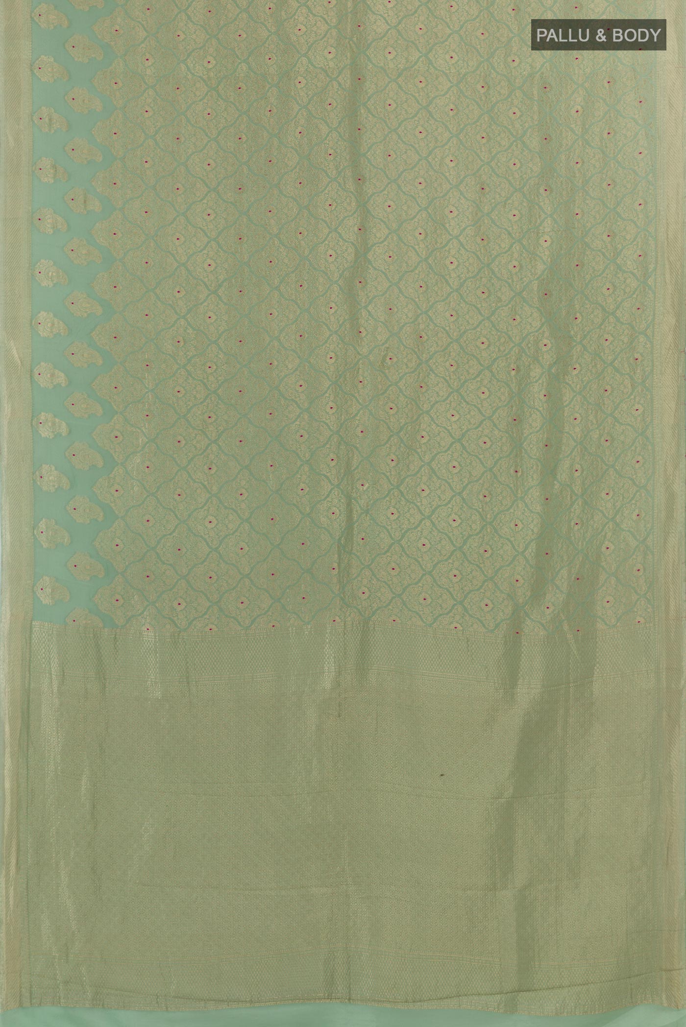 Flat view of Green Mysore Crepe Saree with Zari Brocade on the body and Zari Border. 