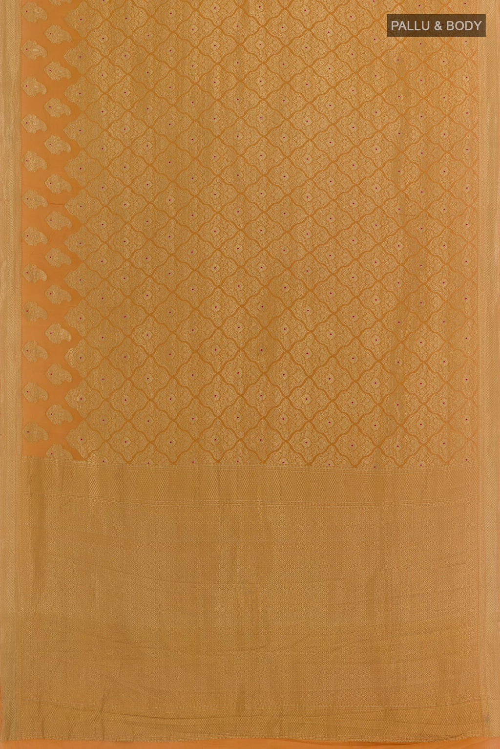 Flat view of Yellow Mysore Crepe Saree with Zari Brocade on the body and Zari Border. 