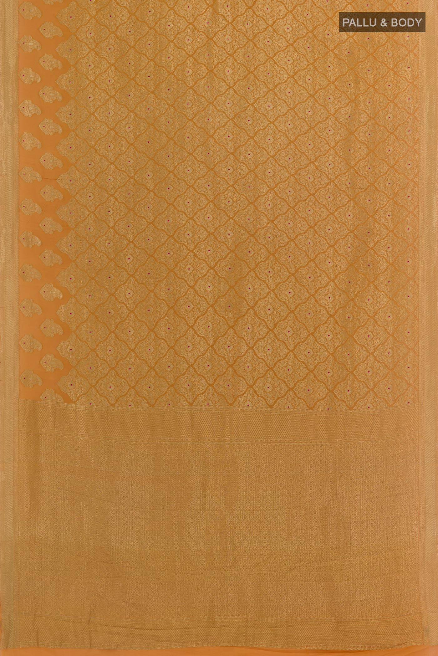 Flat view of Yellow Mysore Crepe Saree with Zari Brocade on the body and Zari Border. 