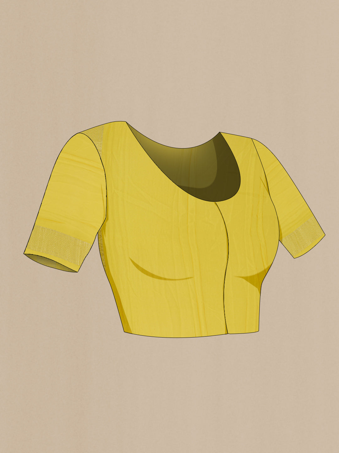 Close up image of the blouse of Yellow Mysore Crepe Saree with Zari Brocade on the body and Zari Border. 