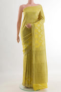Yellow Mysore Crepe Saree with Zari Brocade on the body and Zari Border.  displayed on a mannequin
