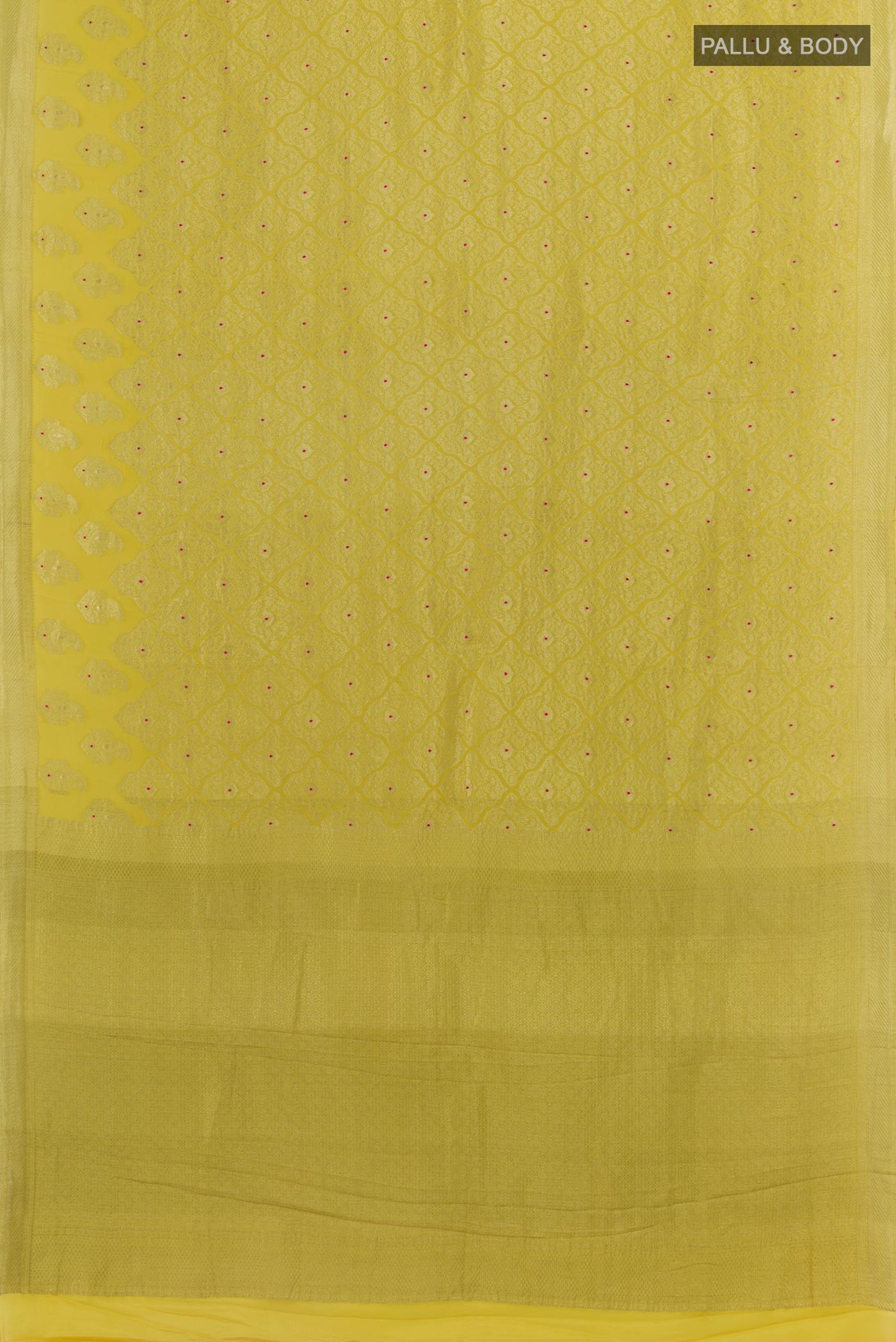 Flat view of Yellow Mysore Crepe Saree with Zari Brocade on the body and Zari Border. 
