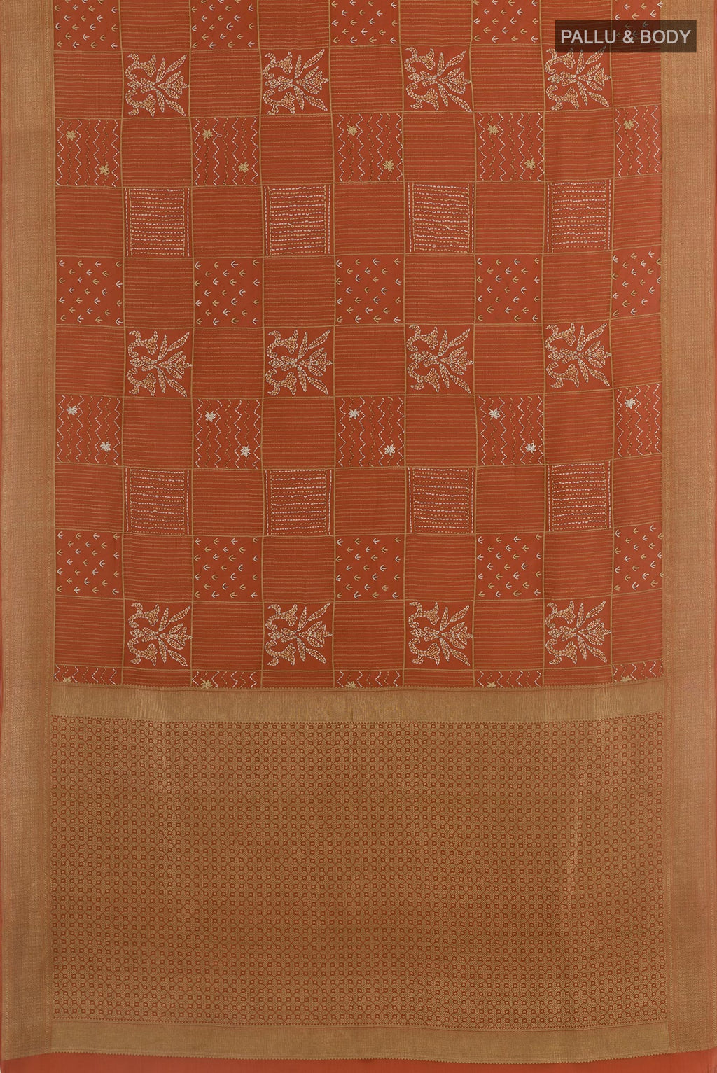 Flat view of Orange Mysore Crepe Saree with Embroidery on the body and Zari Border. 