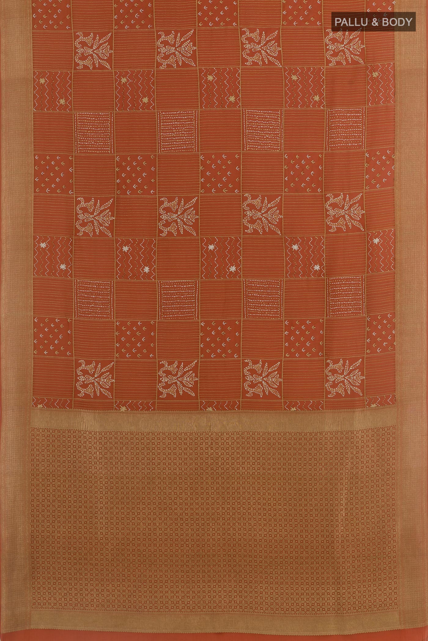 Flat view of Orange Mysore Crepe Saree with Embroidery on the body and Zari Border. 