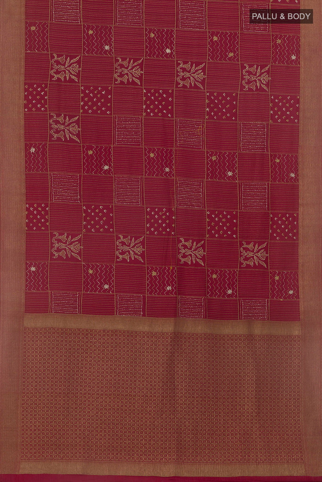 Flat view of Maroon Mysore Crepe Saree with Embroidery on the body and Zari Border. 