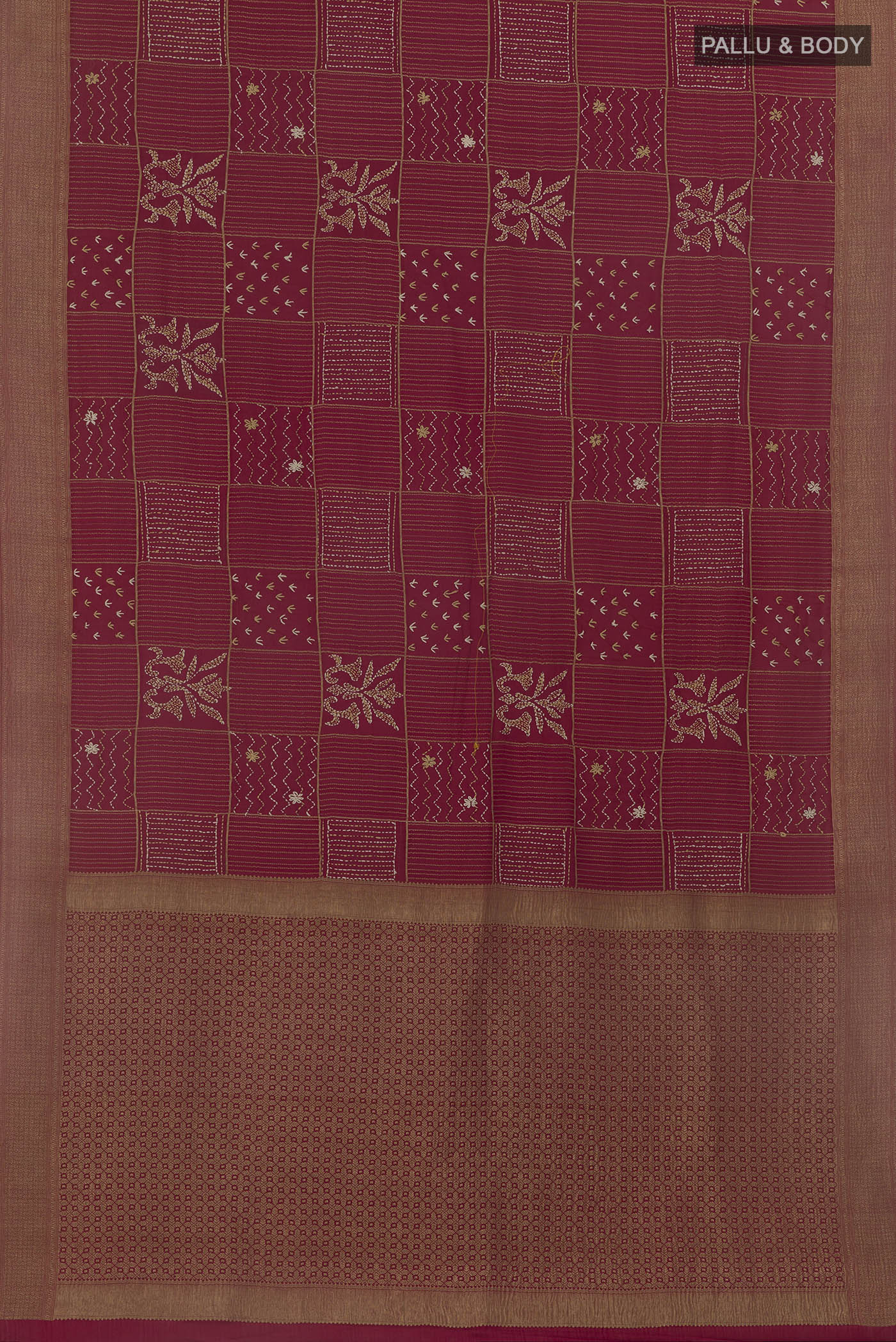 Flat view of Maroon Mysore Crepe Saree with Embroidery on the body and Zari Border. 