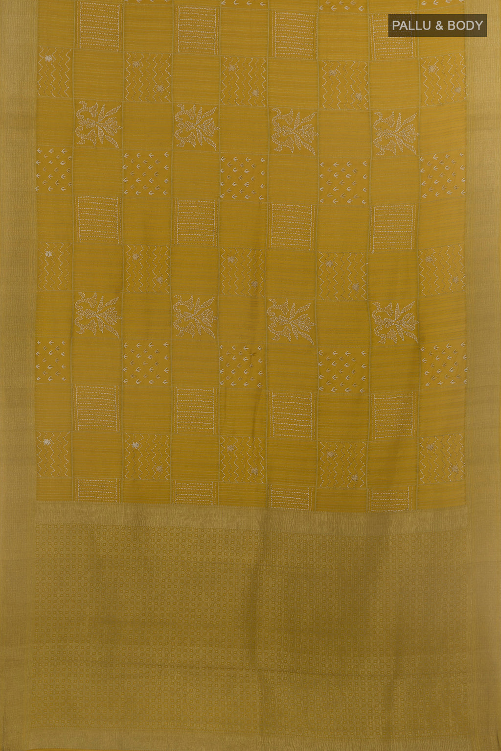 Flat view of Mehandi Green Mysore Crepe Saree with Embroidery on the body and Zari Border. 
