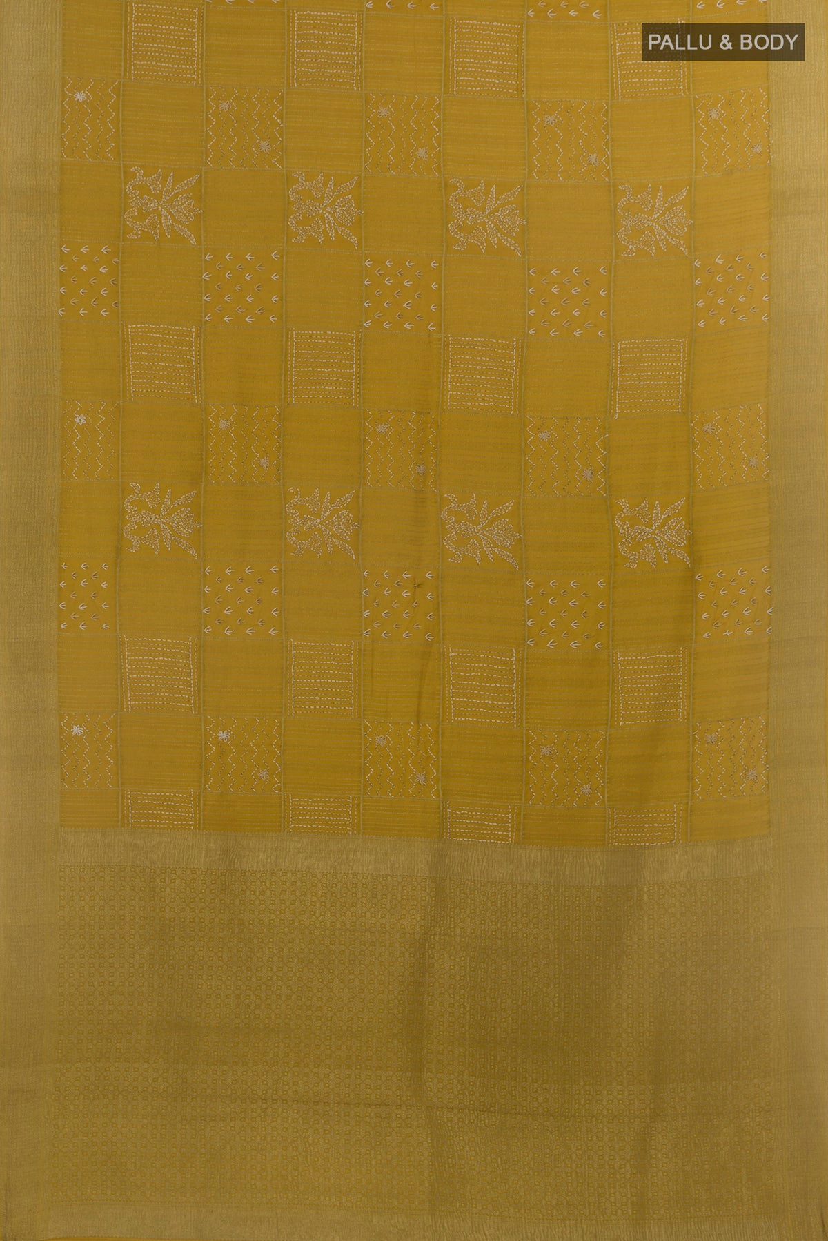 Flat view of Mehandi Green Mysore Crepe Saree with Embroidery on the body and Zari Border. 