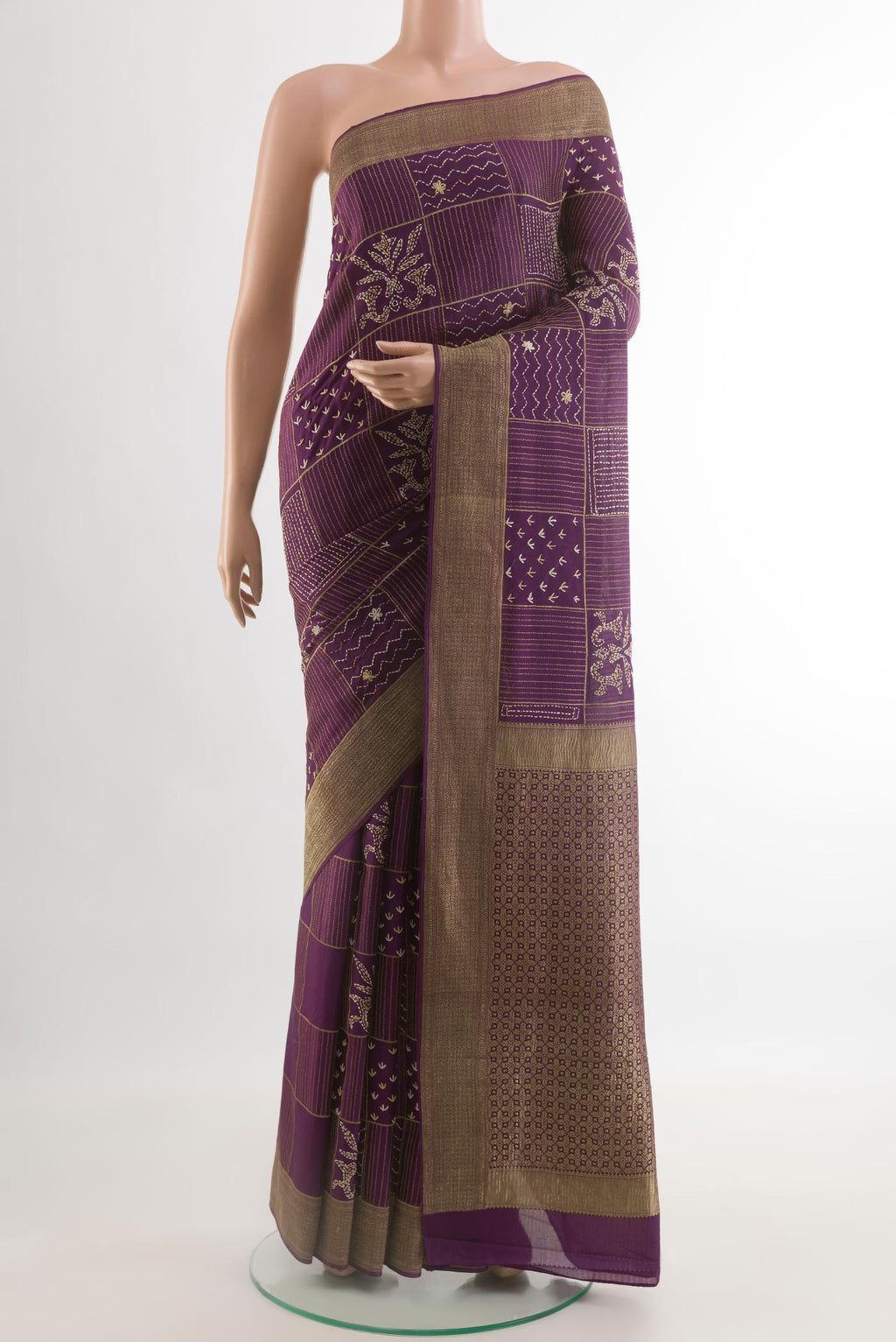 Purple Mysore Crepe Saree with Embroidery on the body and Zari Border.  displayed on a mannequin