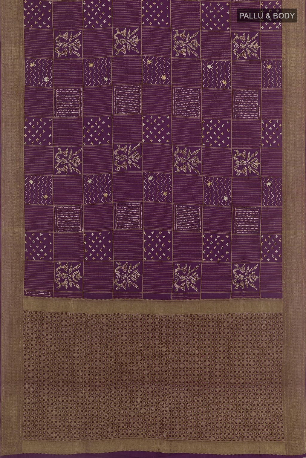 Flat view of Purple Mysore Crepe Saree with Embroidery on the body and Zari Border. 