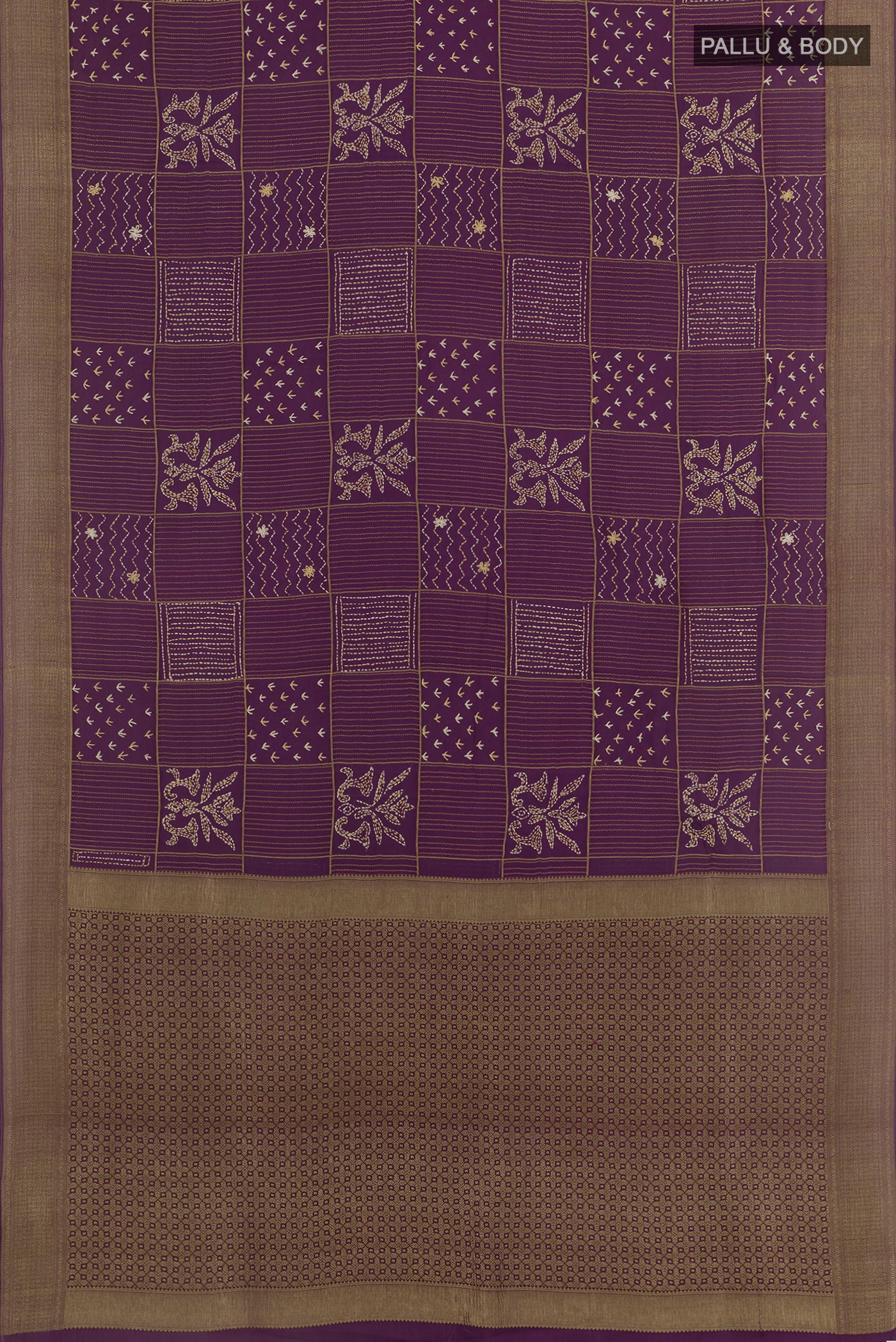 Flat view of Purple Mysore Crepe Saree with Embroidery on the body and Zari Border. 