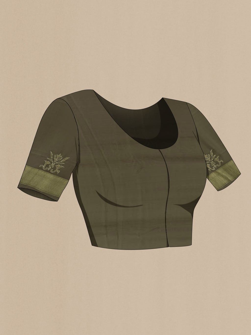 Close up image of the blouse of Mehandi Green Mysore Crepe Saree with Embroidery on the body and Zari Border. 