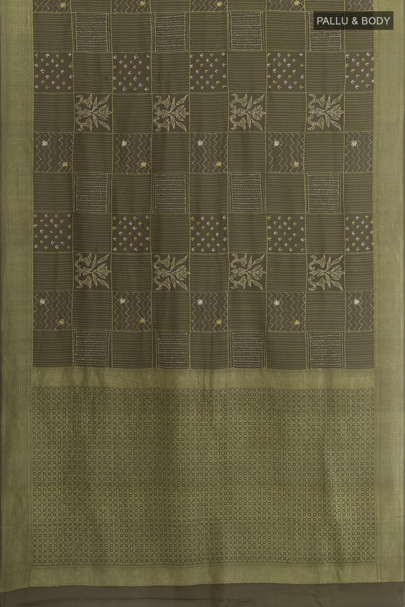 Flat view of Mehandi Green Mysore Crepe Saree with Embroidery on the body and Zari Border. 