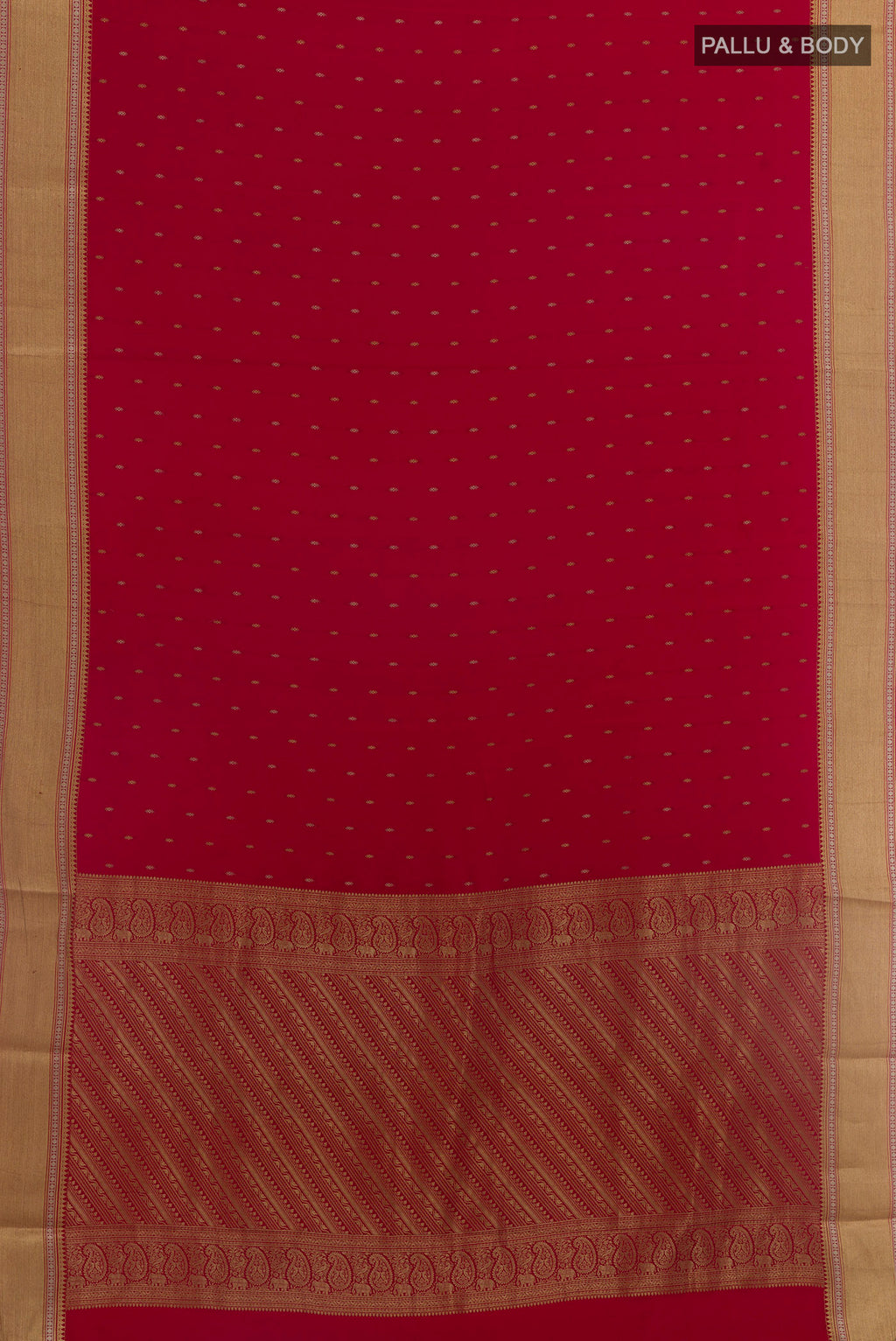 Flat view of Red Mysore Crepe Saree with Zari Butta on the body and Zari Border. 