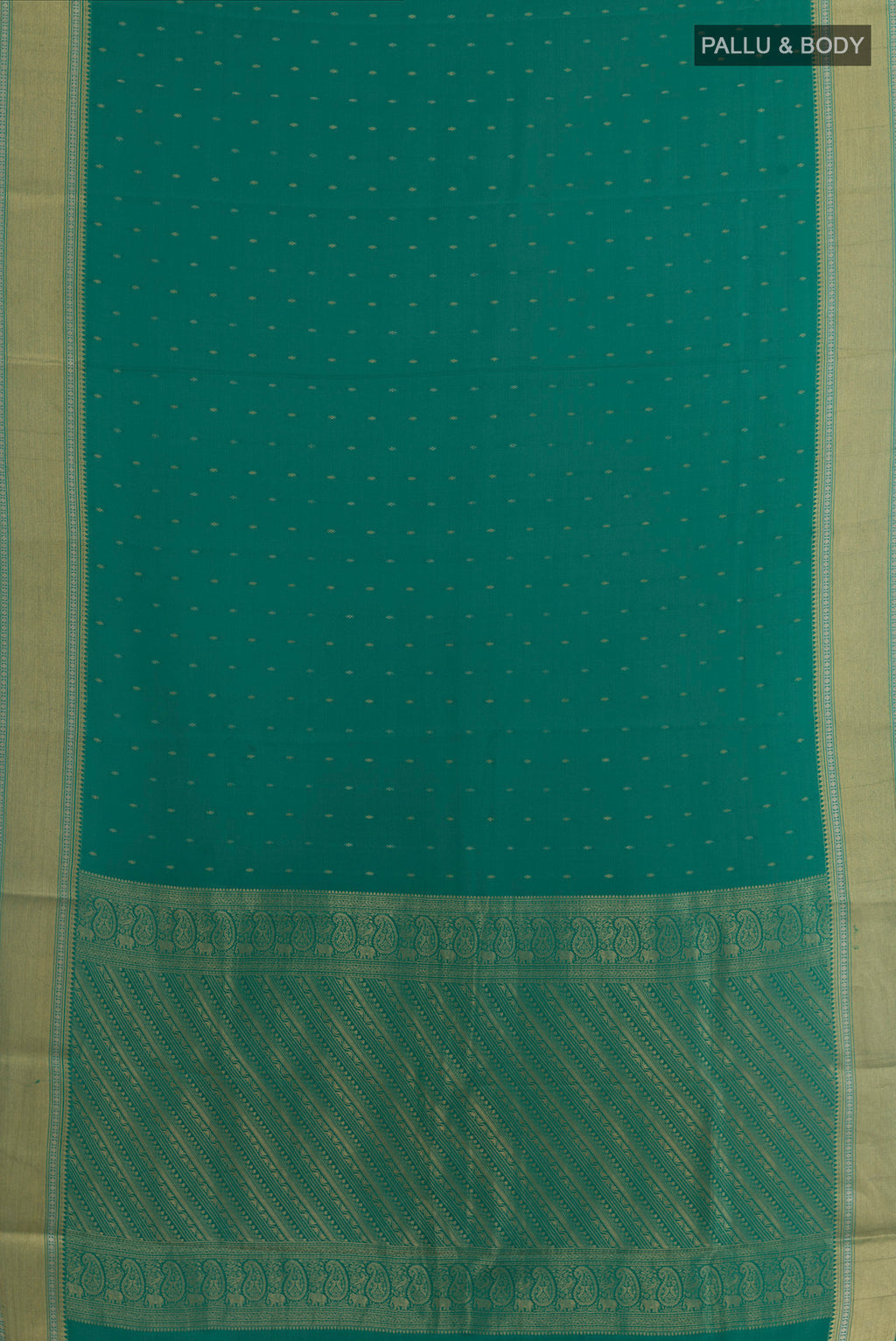 Flat view of Sea Green Mysore Crepe Saree with Zari Butta on the body and Zari Border. 