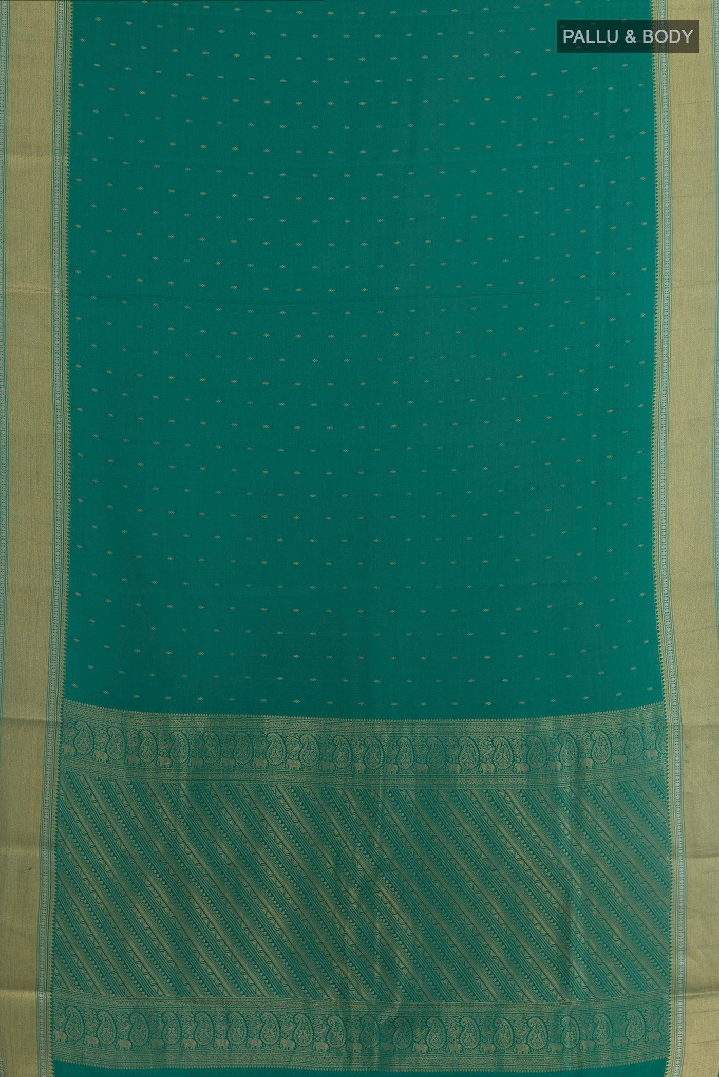 Flat view of Sea Green Mysore Crepe Saree with Zari Butta on the body and Zari Border. 