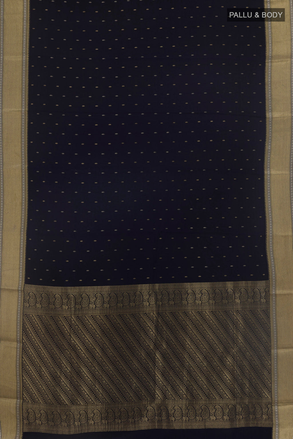 Flat view of Navy Blue Mysore Crepe Saree with Zari Butta on the body and Zari Border. 