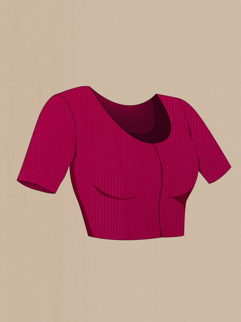 Close up image of the blouse of Rani Pink Mysore Crepe Saree with Zari Butta on the body and Zari Border. 
