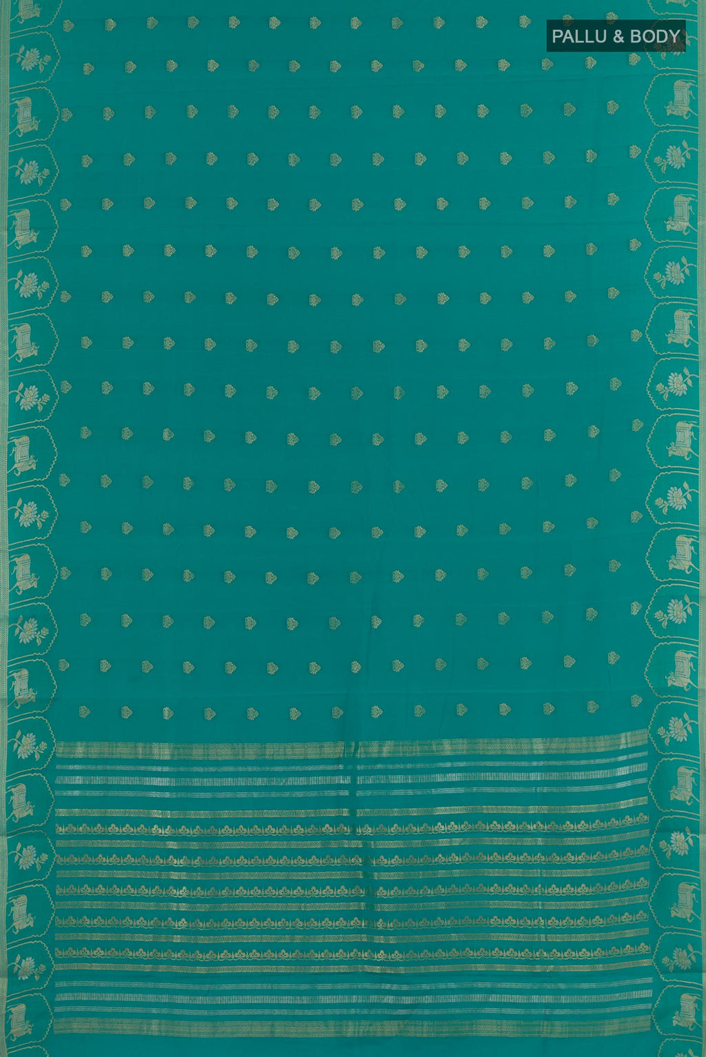 Flat view of Sea Green Mysore Crepe Saree with Zari Butta on the body and Zari Border. 