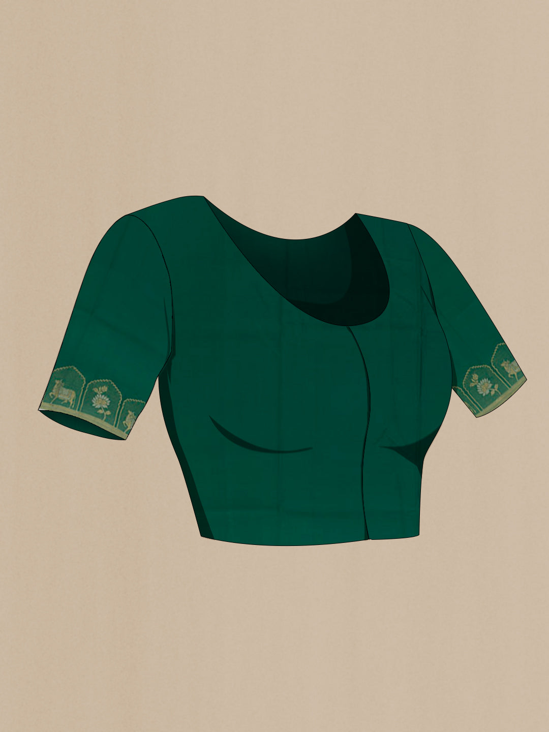 Close up image of the blouse of Green Mysore Crepe Saree with Zari Butta on the body and Zari Border. 